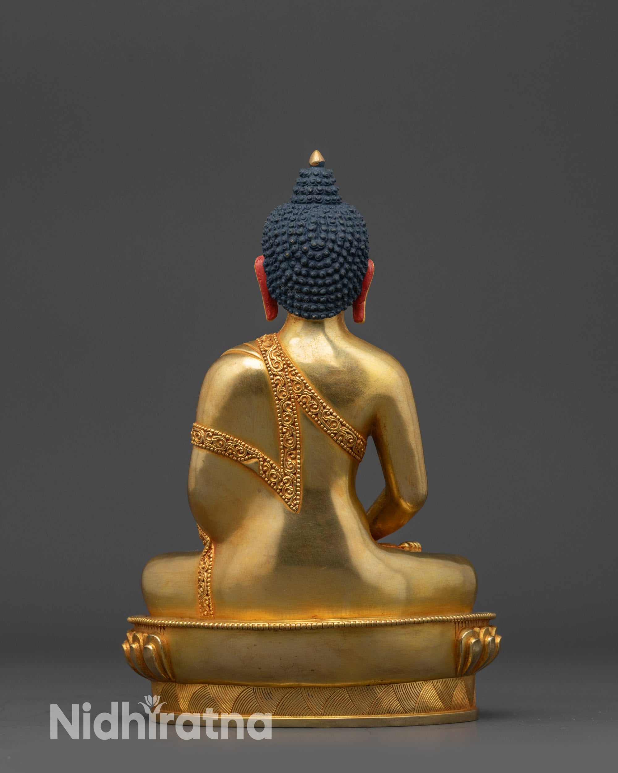 Back view of Amitabha Buddha statue highlighting robe details and fine Himalayan craftsmanship