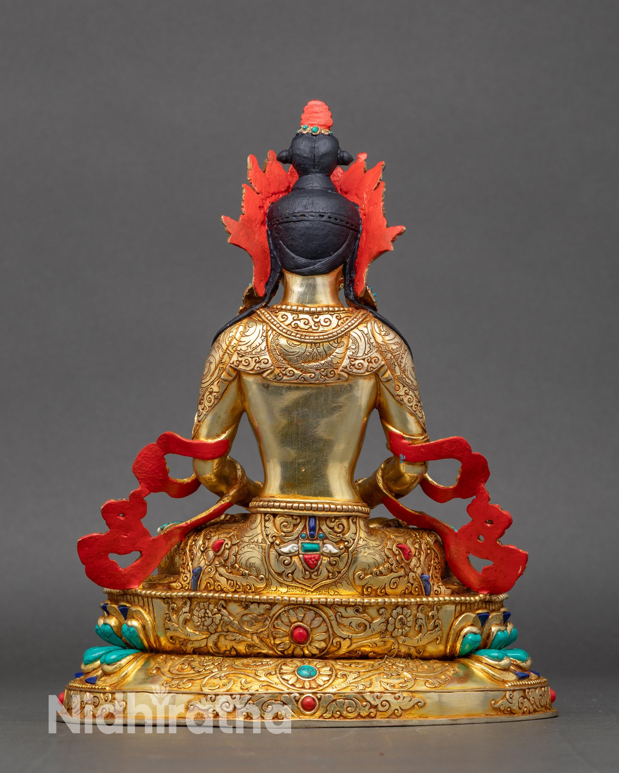 Back view of Amitayus Bodhisattva Statue showing detailed copper craftsmanship and gold-gilded finish