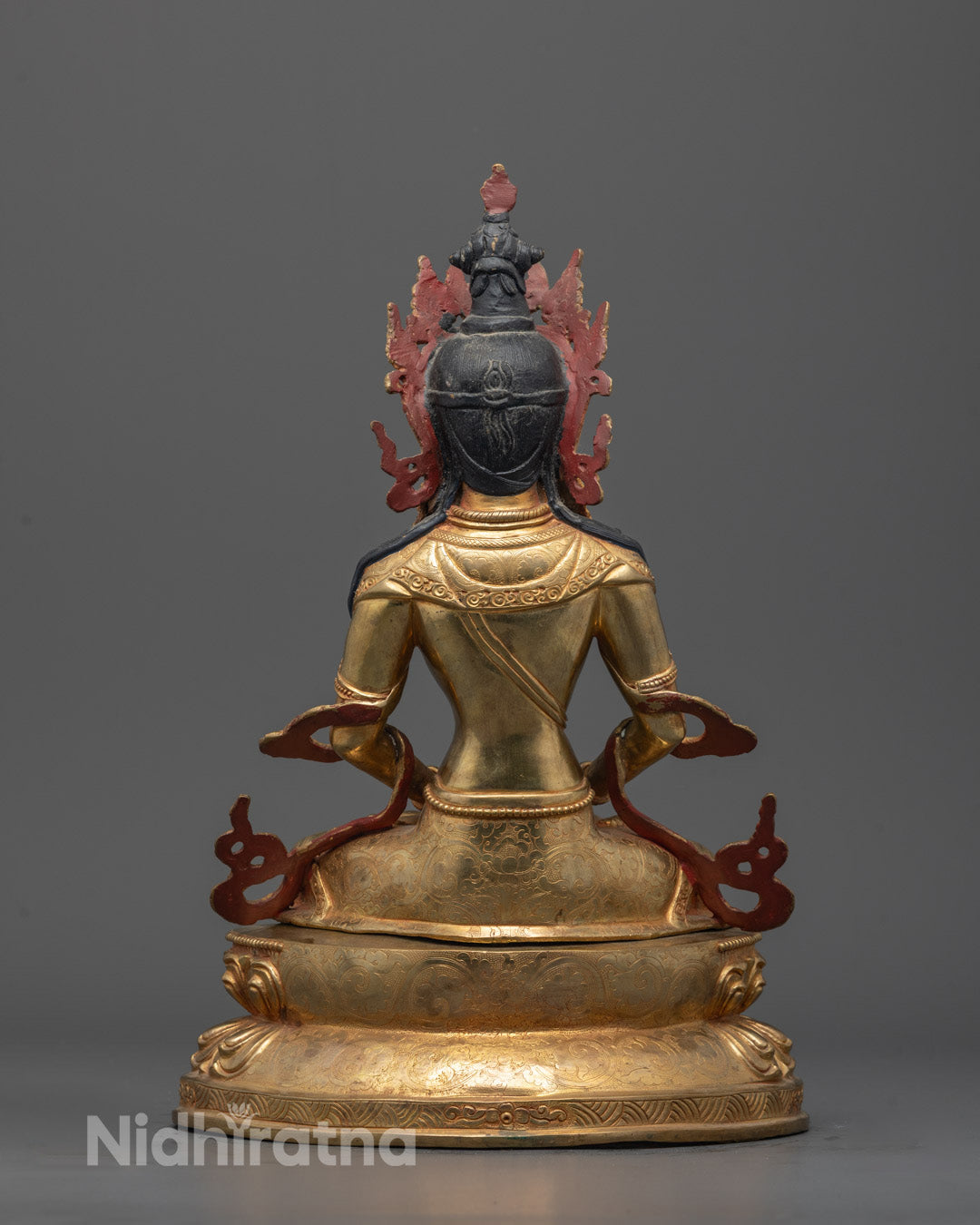 Back view of Amitayus Tsepame Statue highlighting detailed carvings and gold fire finish