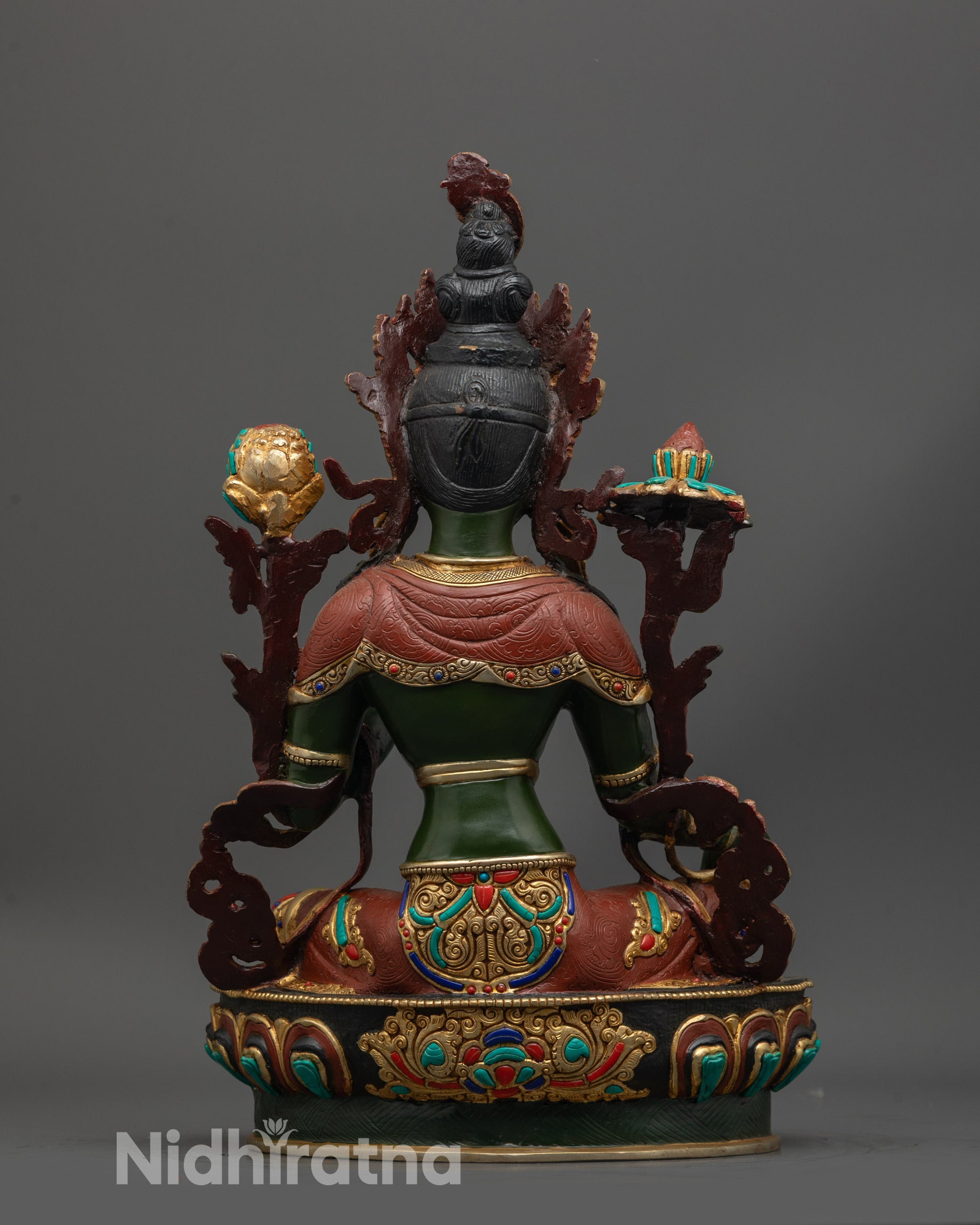 Back view of Arya Tara Statue highlighting gold-plated crowns and detailed artisan craftsmanship