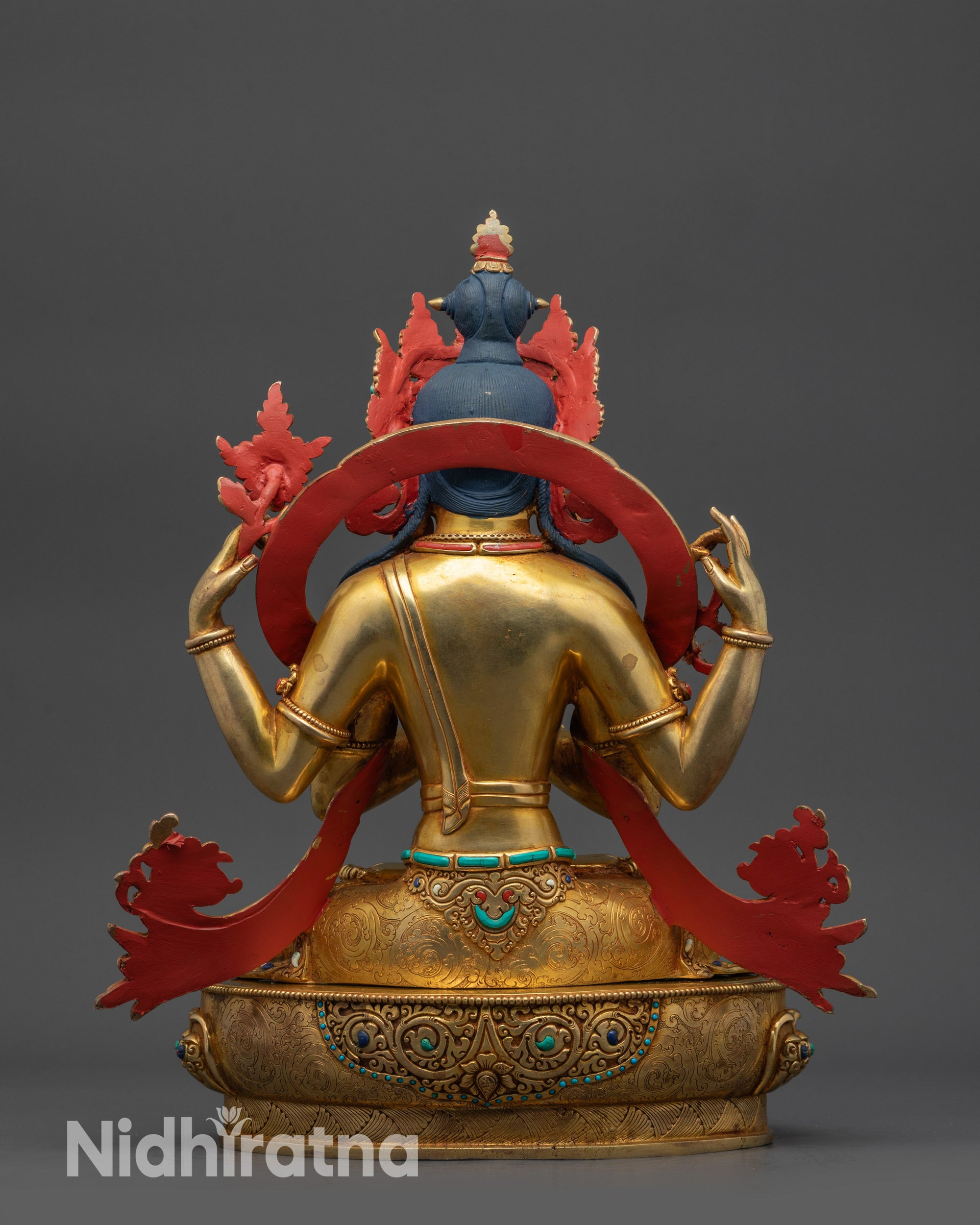 Back view of Avalokiteshvara Chenrezig Statue with detailed lotus pedestal and gilded base