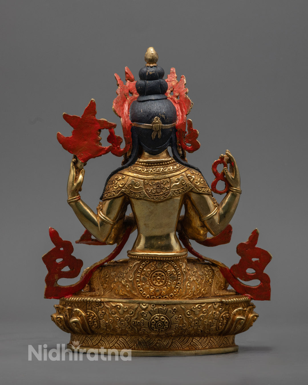 Chenrezig Buddha Statue displaying finely detailed copper work and hollow space for inserting mantras and sacred relics