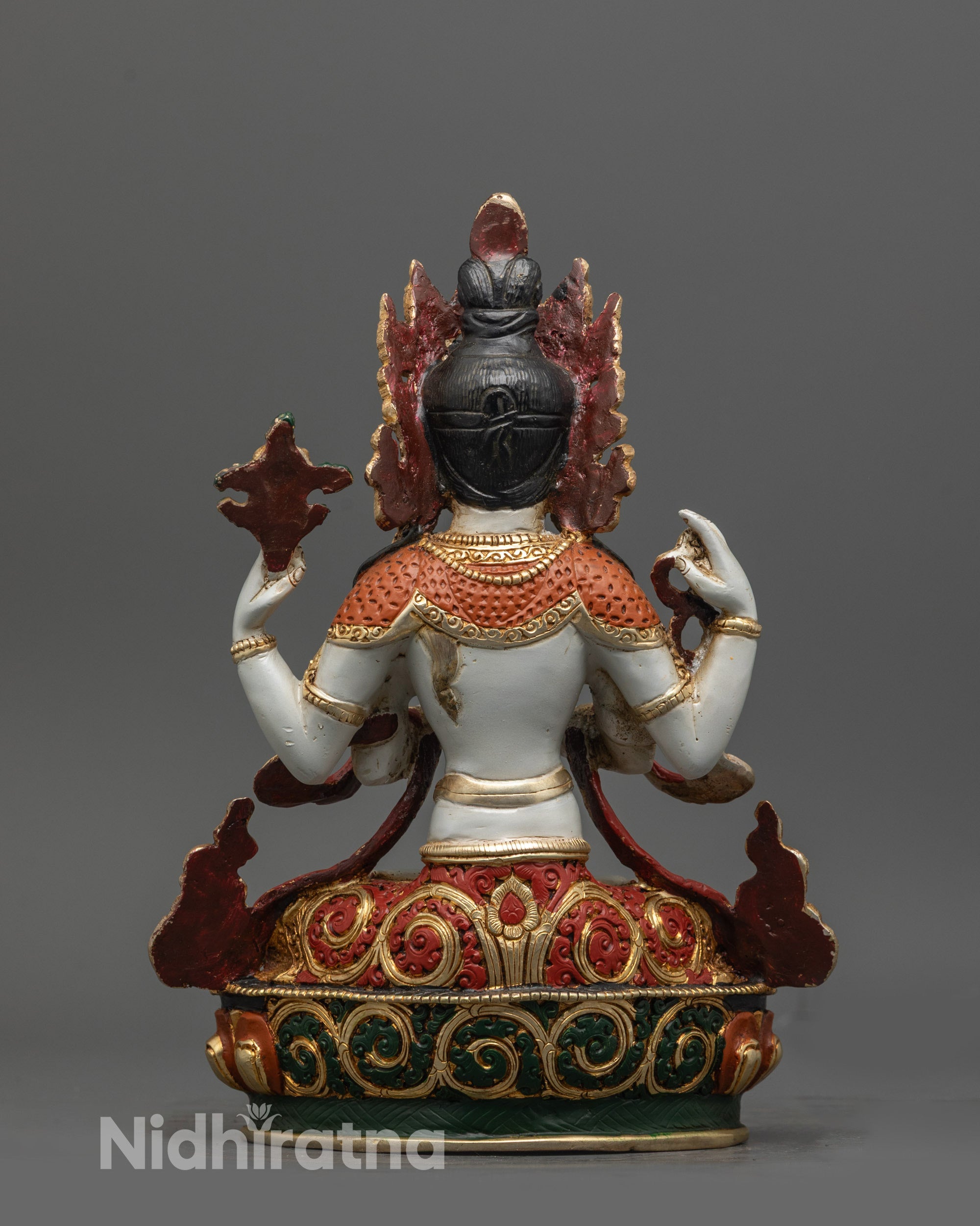 Back view of Chenrezig Statue highlighting intricate carvings and vibrant premium colors