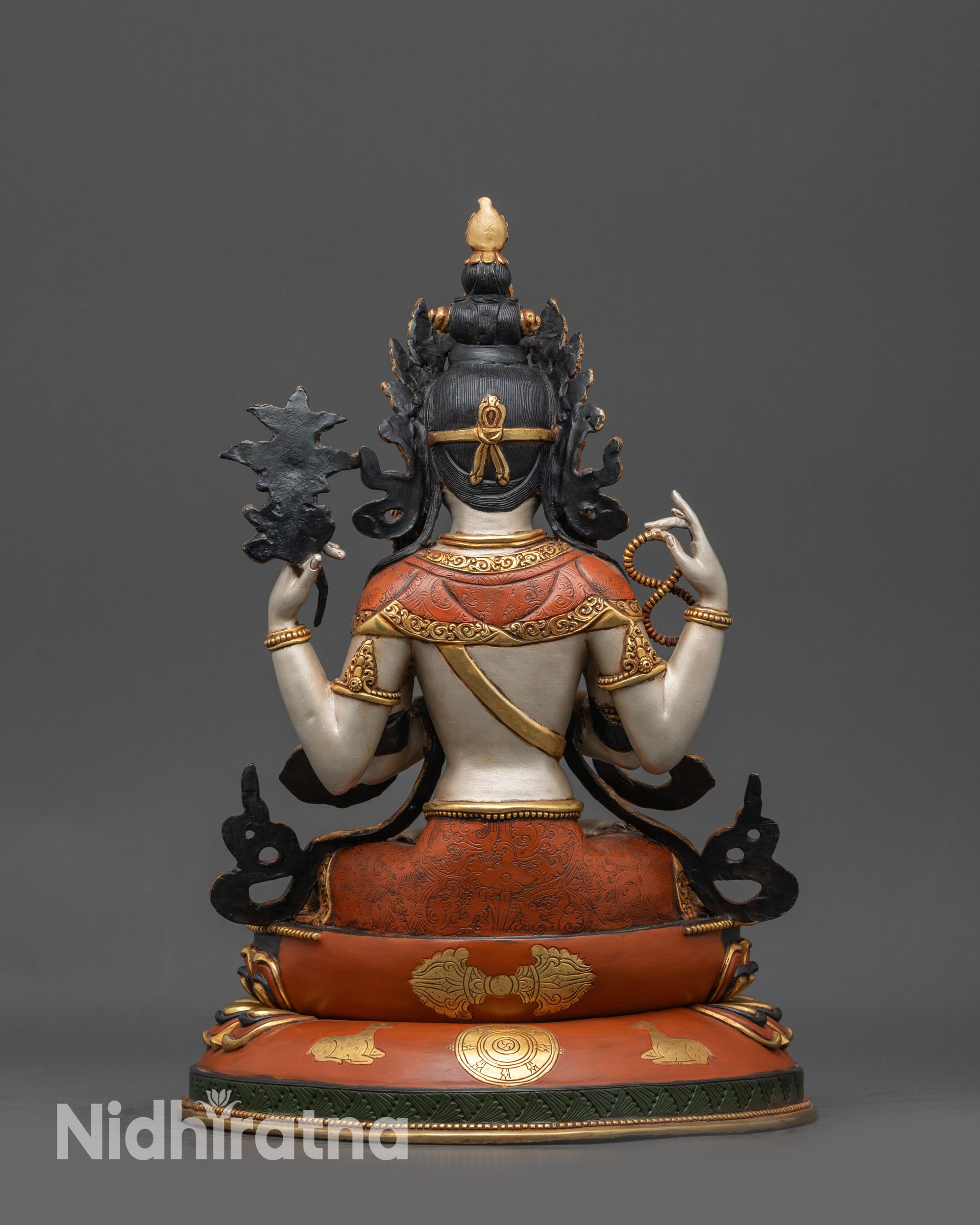 Back view of Chenrezig statue with gold-plated double-layered lotus seat and carvings