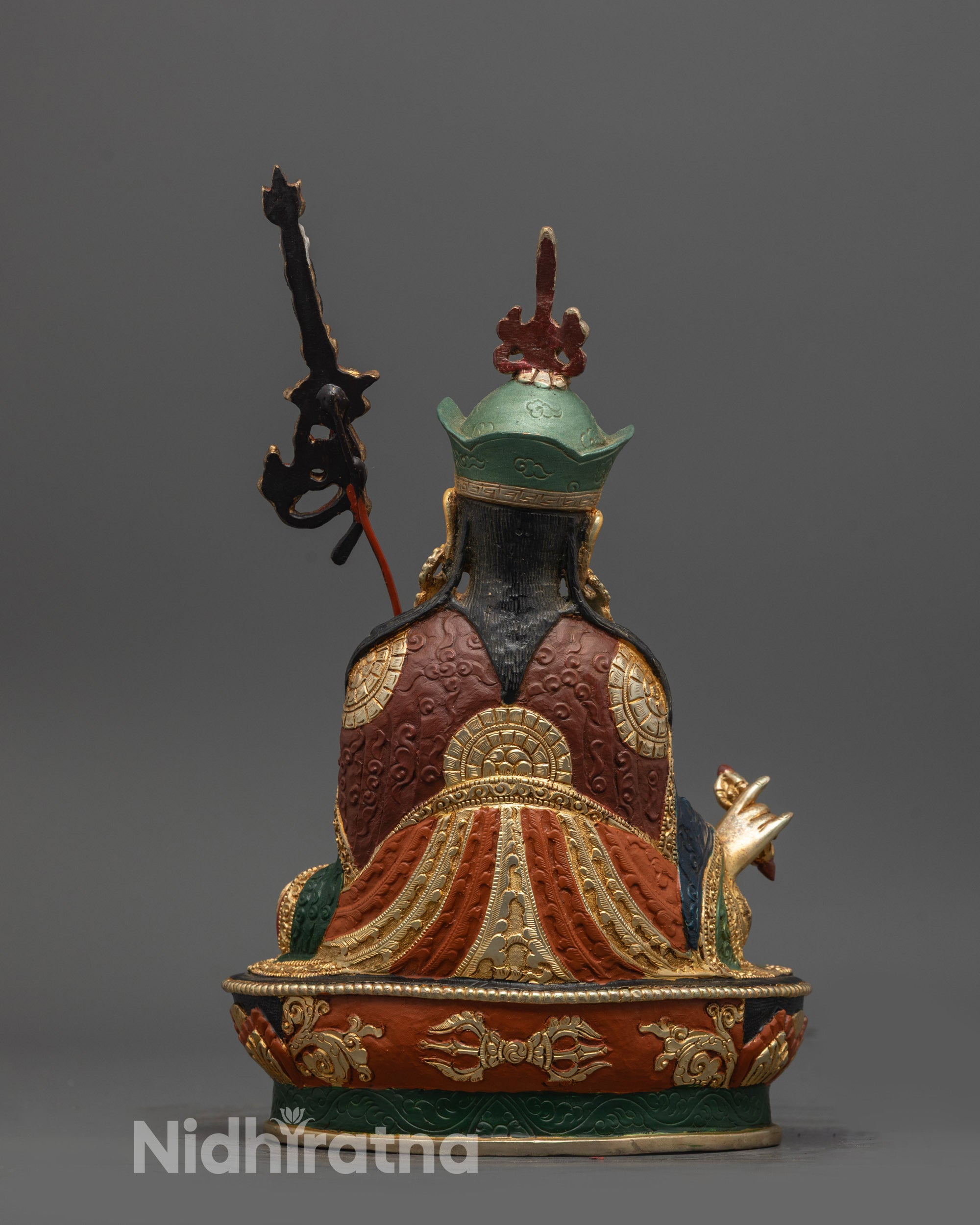 Back view of Colored Padmasambhava Statue showing detailed robe and gold-plated finish