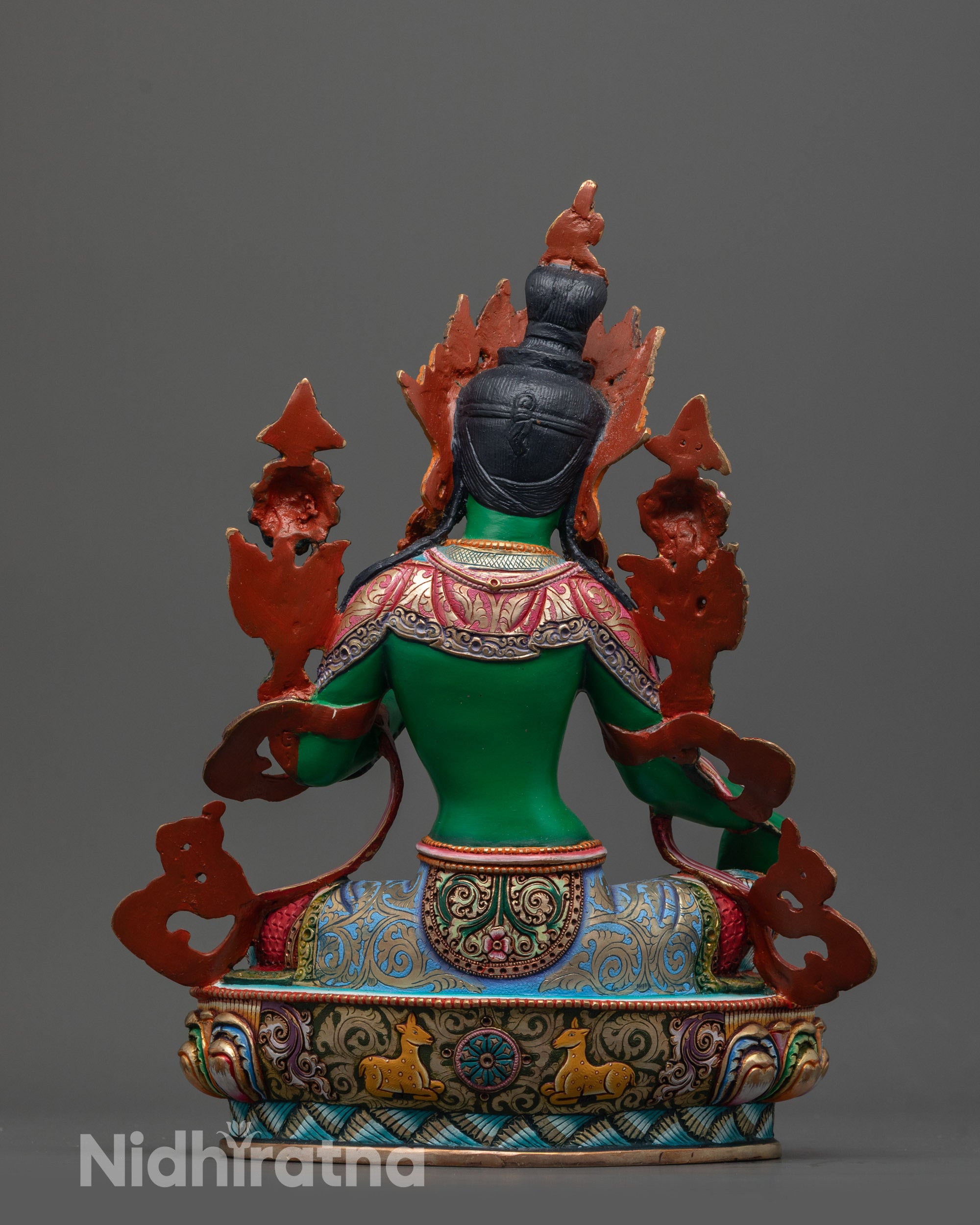 Back view of Coloured Green Tara showcasing jewelry and premium colour painting craftsmanship