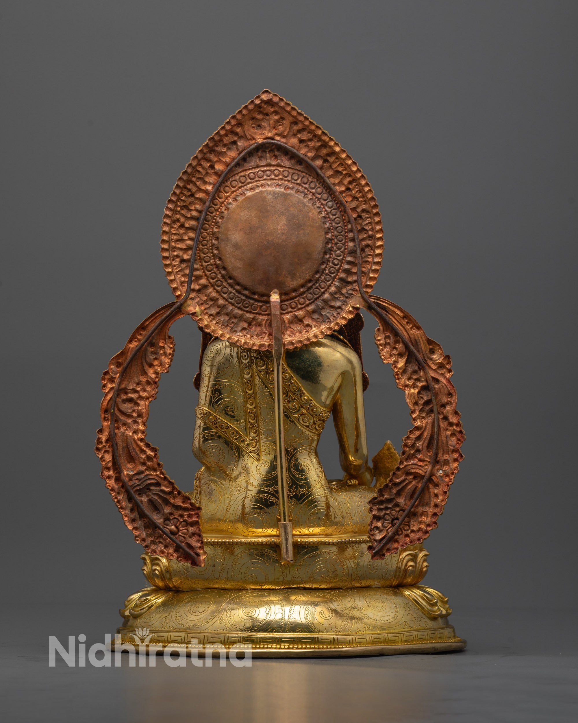 Back view of Crown Medicine Buddha Statue showing detailed robe and gold halo design