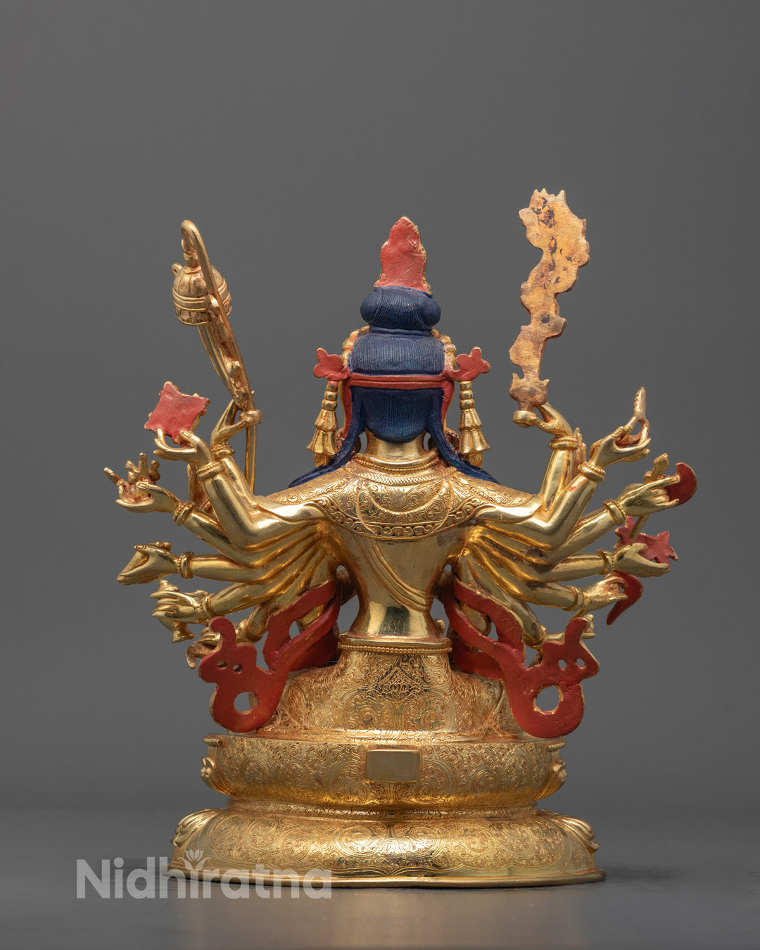 Back view of Cundi Bodhisattva Statue displaying detailed lotus throne and hollow mantra space