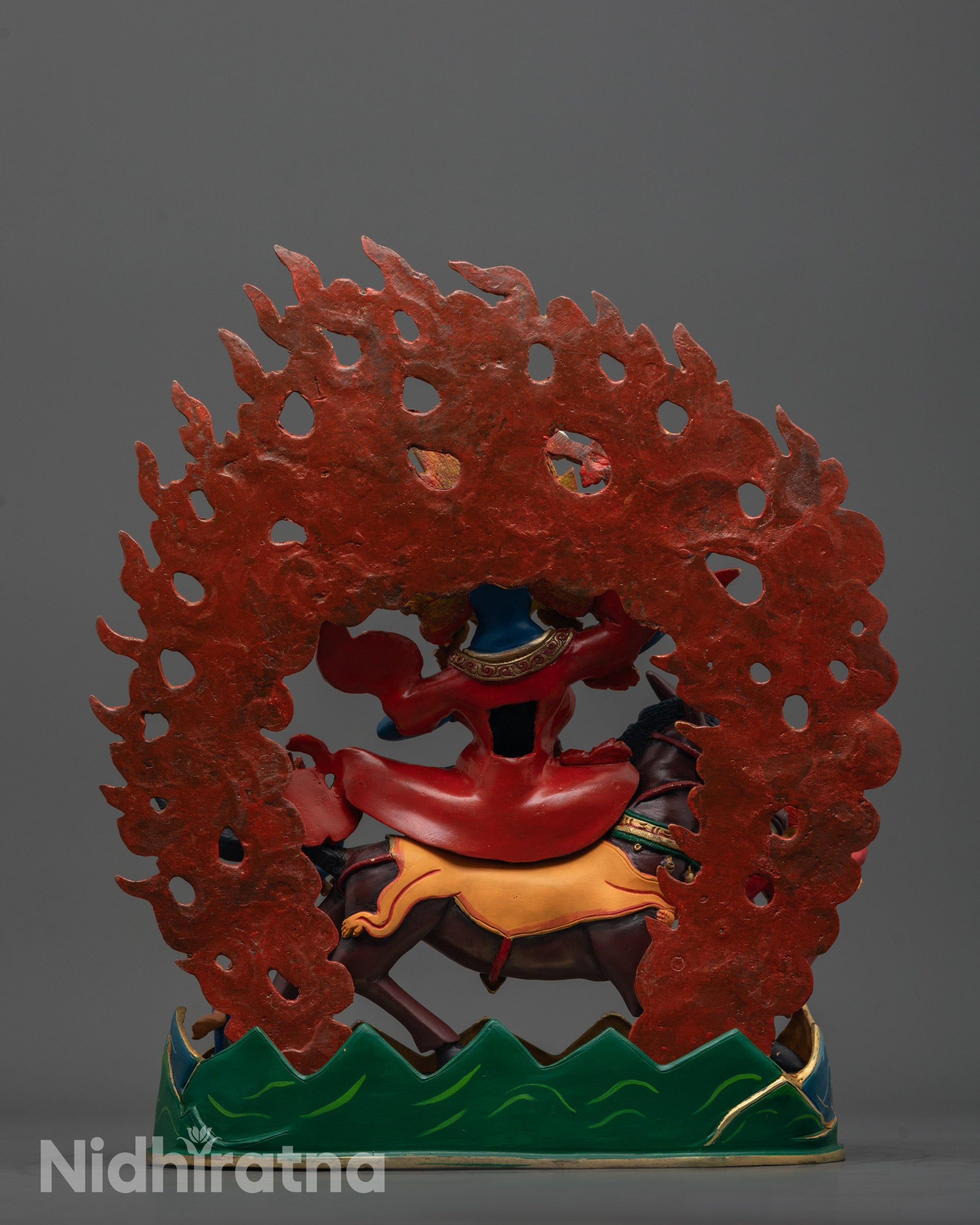Back view of Detailed Shot of Premium Copper Palden Lhamo Statue Showing Two Guardian Deities