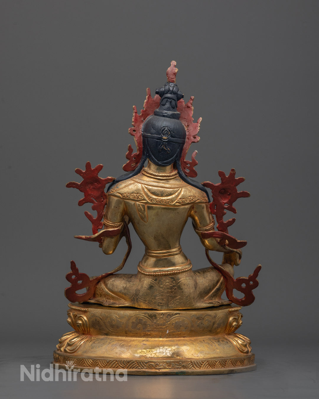 Back view of Green Tara Buddha Statue highlighting fine carvings and artisan craftsmanship