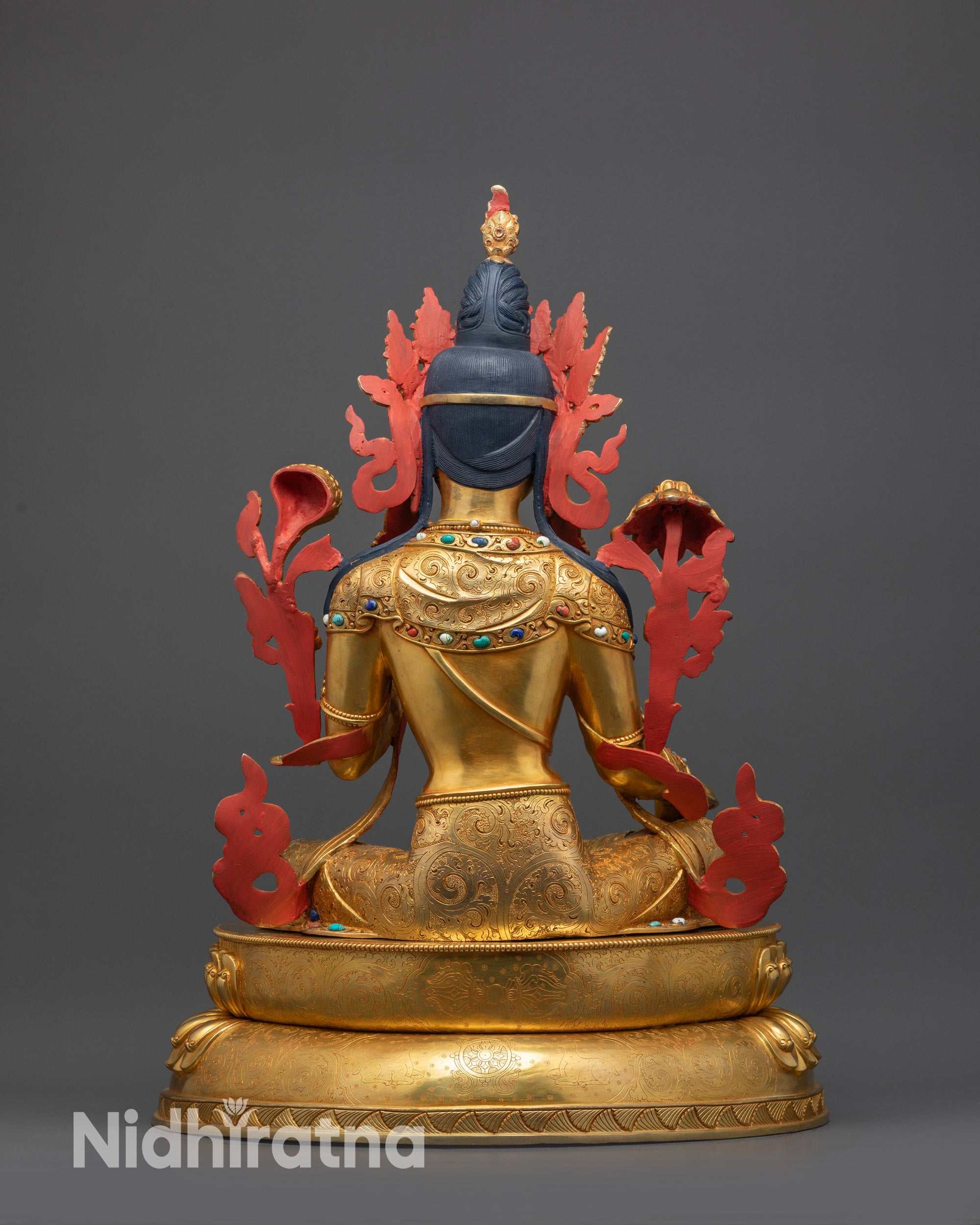 Back view of Green Tara Statue showing double-layered lotus throne and finely carved ornaments