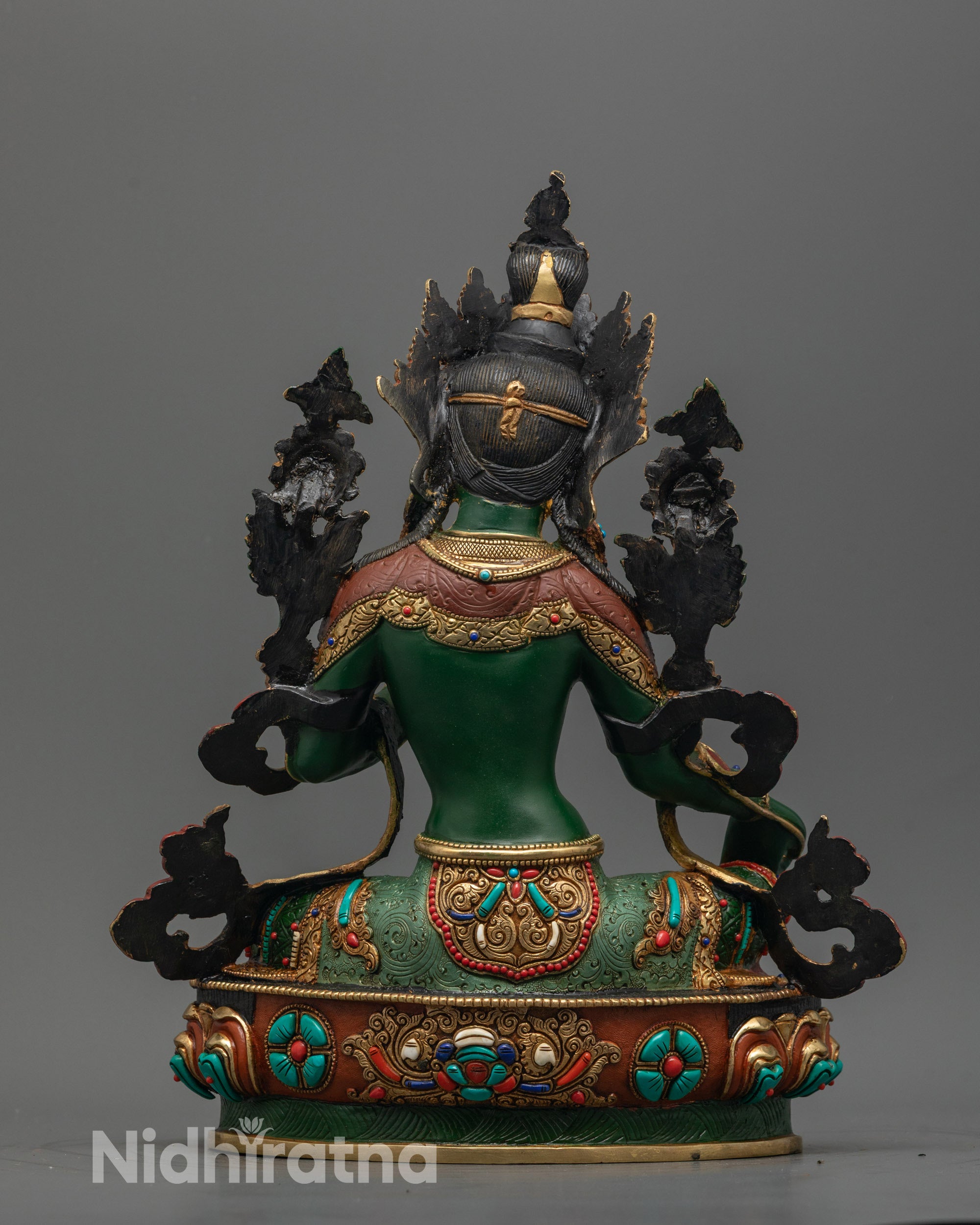 Back view of Green Tara Statue showing hollow chamber for consecration