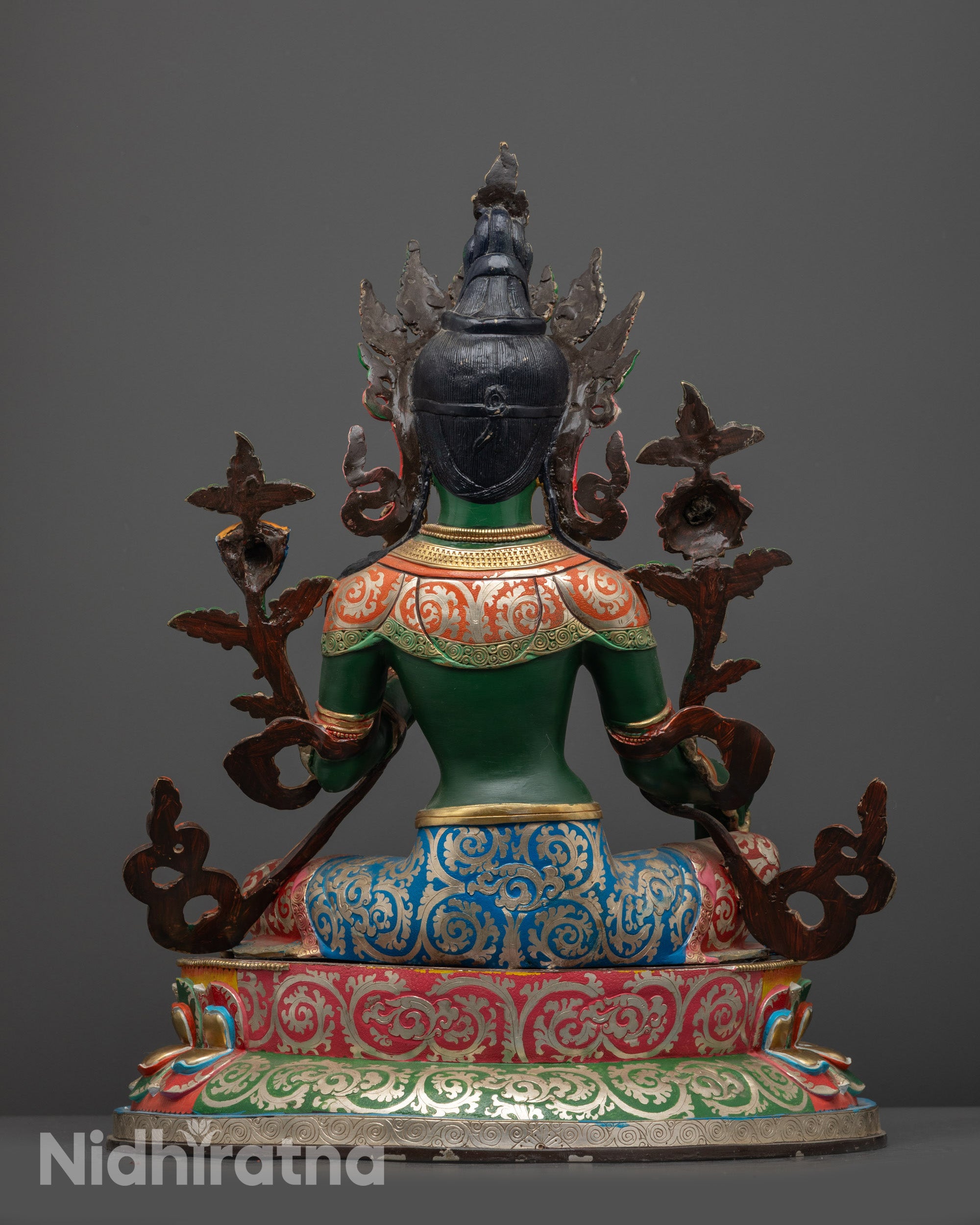 Back view of Green Tara statue with gold-plated finish and premium acrylic colors