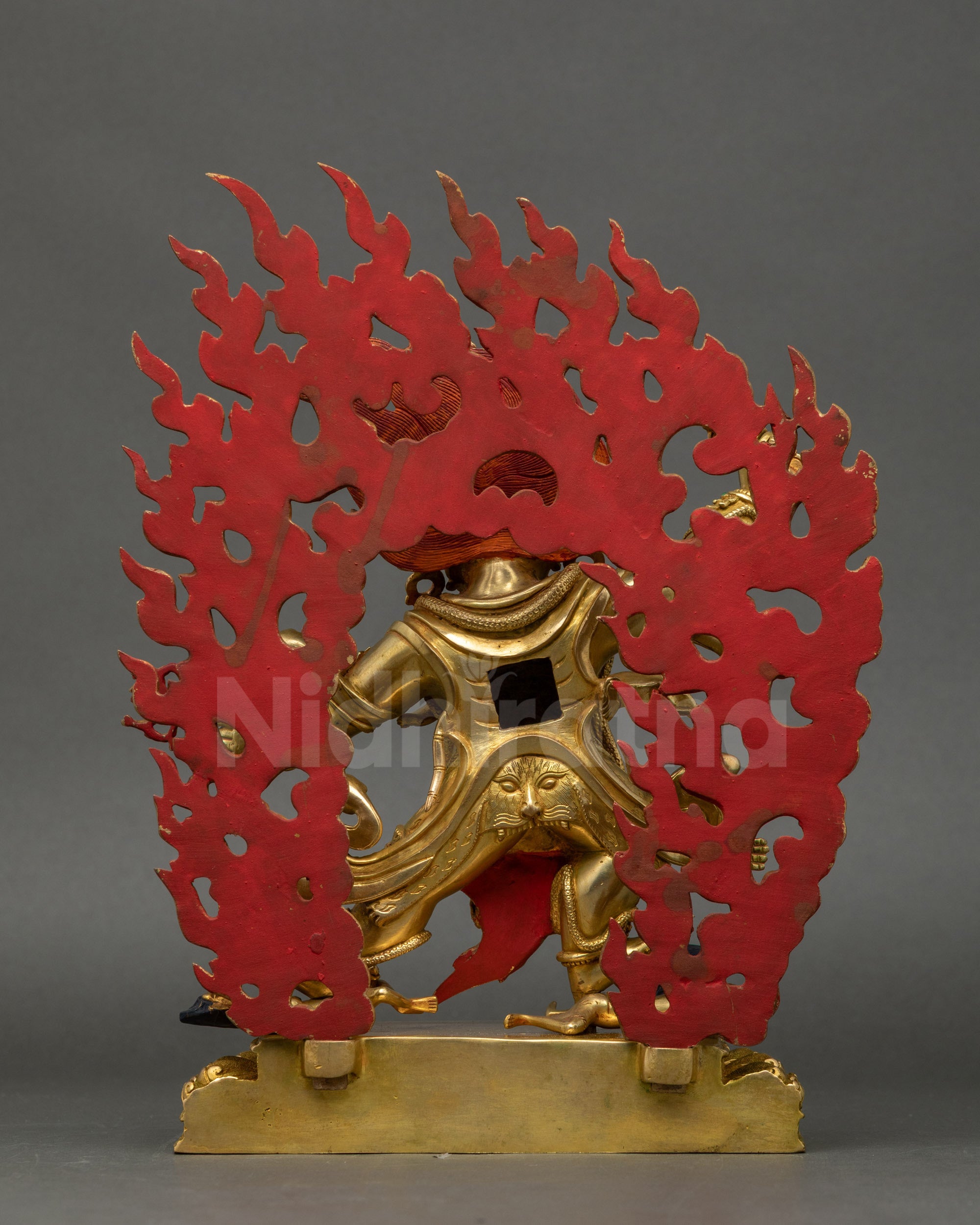 Back view of Guru Dragpo Statue Detailed copper and gold fire-gilded Buddhist sculpture