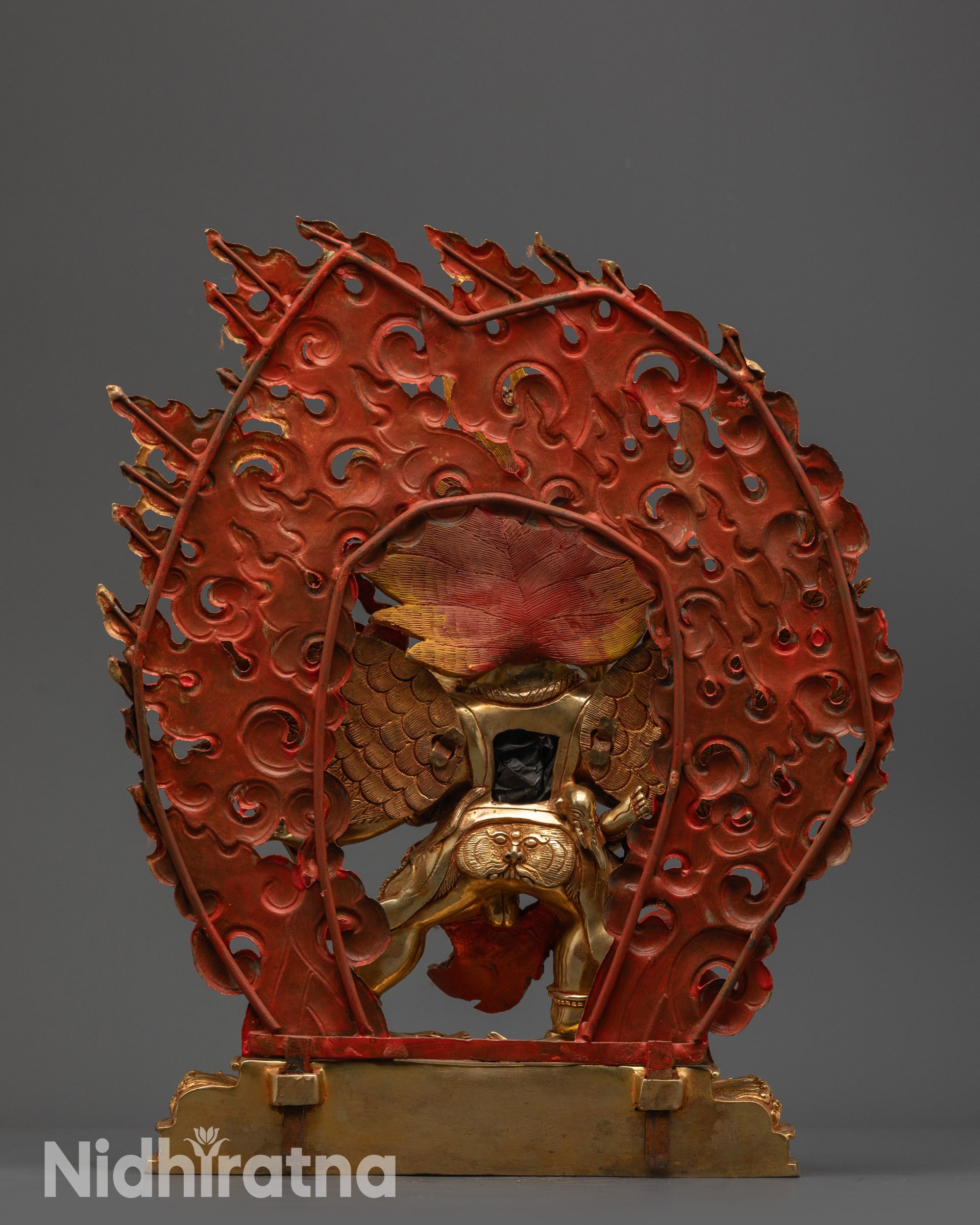 Back view of Hayagriva Statue with blazing halo and lotus seat featuring deities