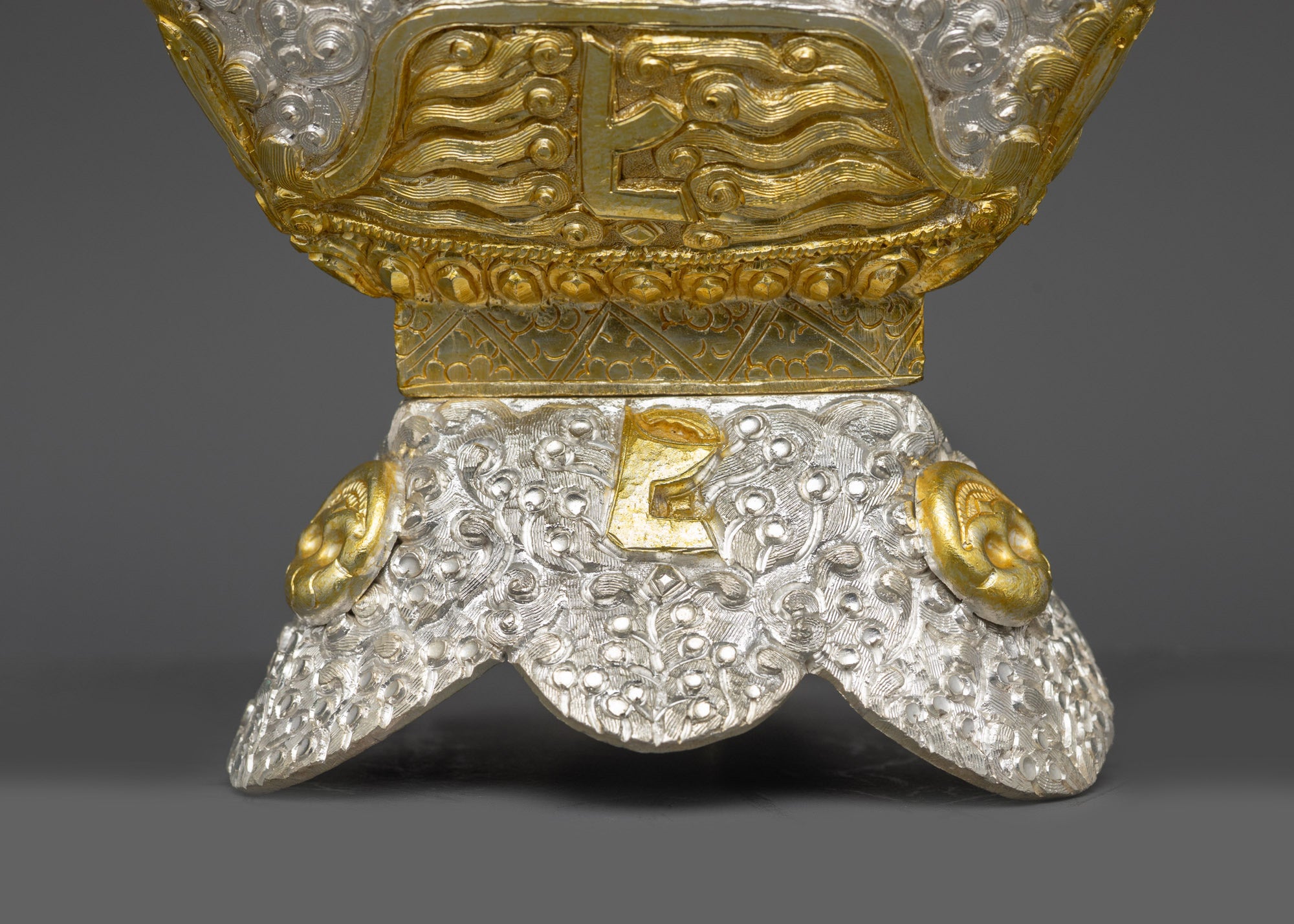 Back view of Himalayan Kapala Set on three-sided base, ornate ritual skull cups