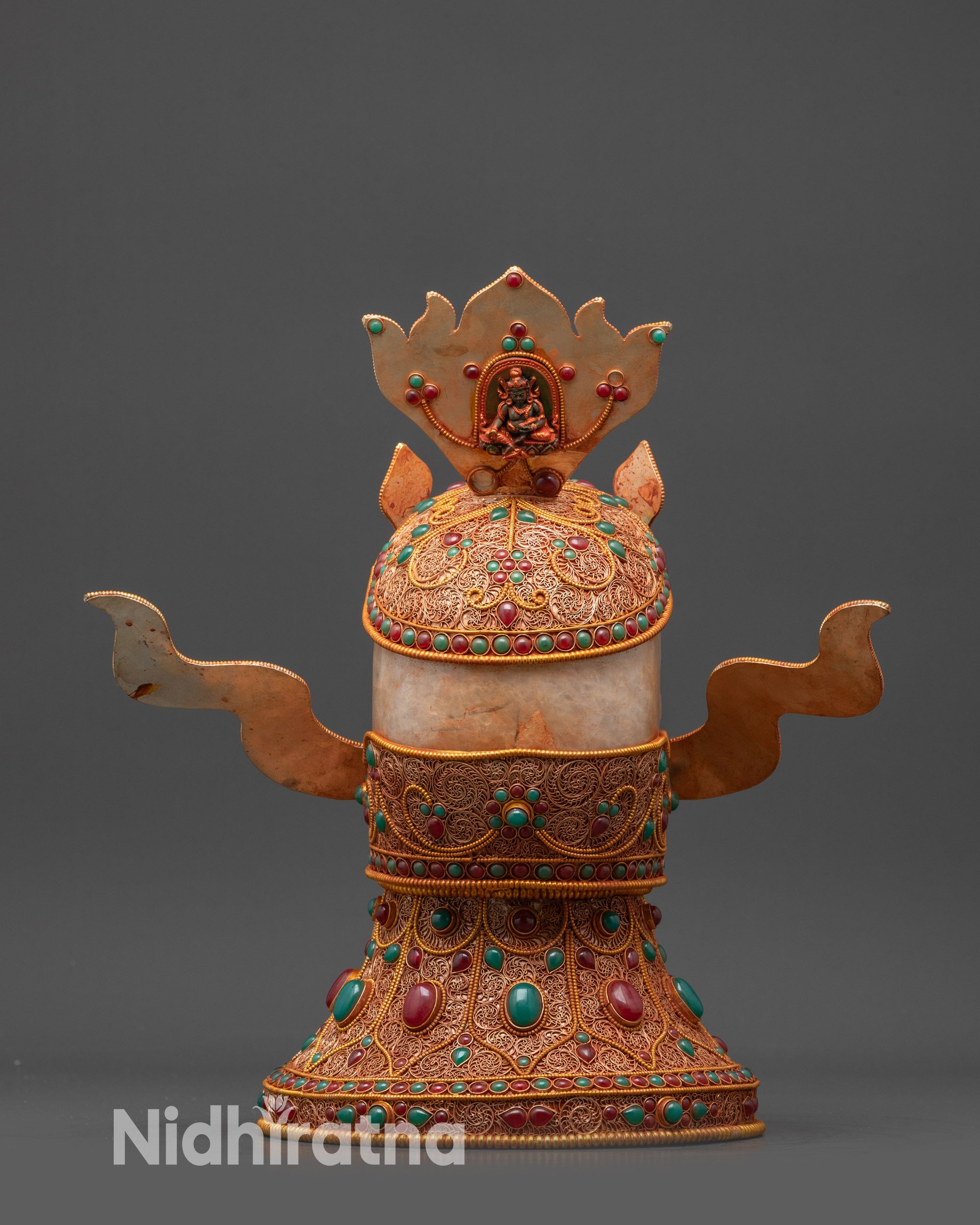 Back view of Jeweled Skull Head showcasing intricate Nepalese metalwork design