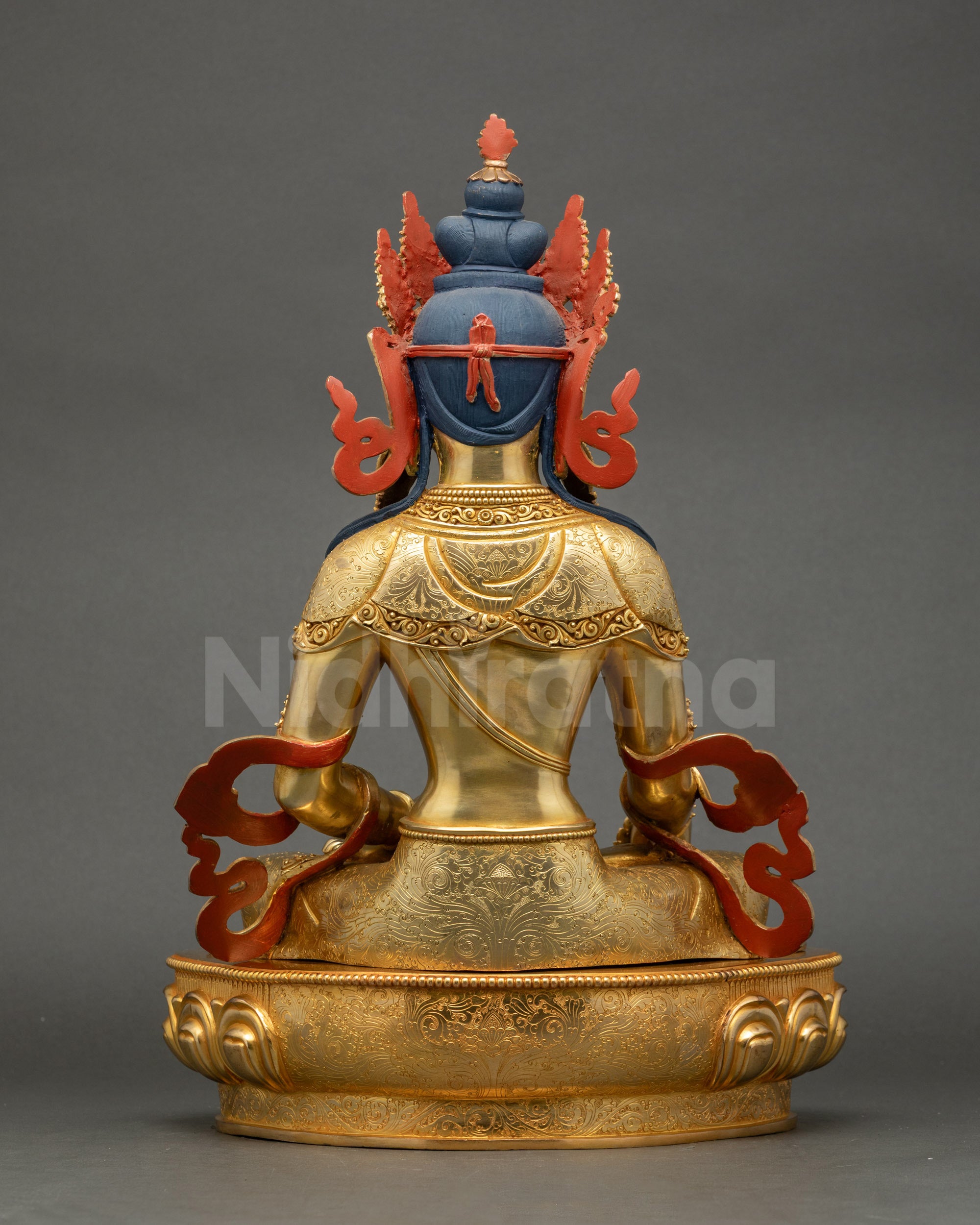 Back view of Jizo Kshitigarbha statue displaying detailed robe carving and Nepalese craftsmanship