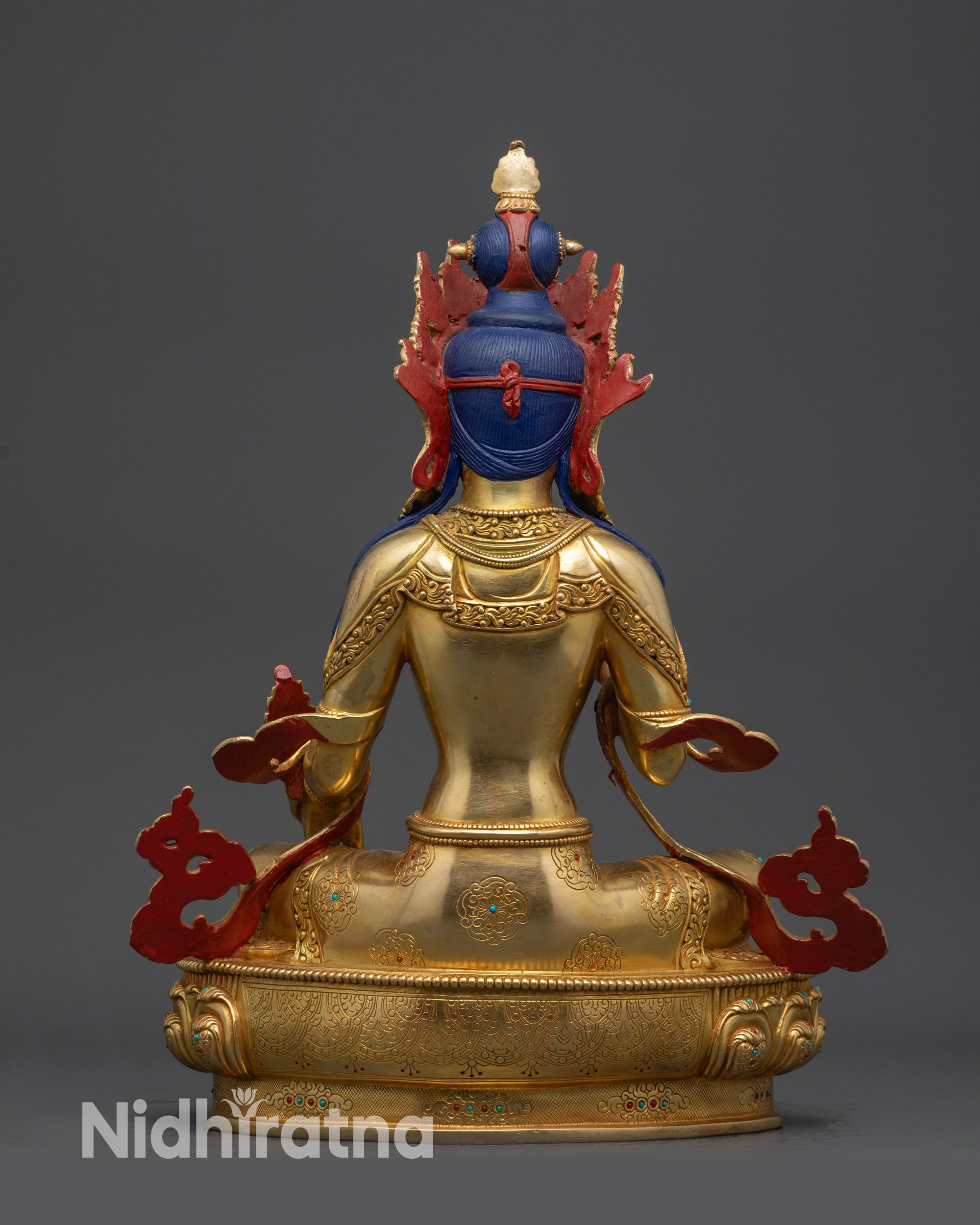 Back view of Kshitigarbha Bodhisattva statue with lotus pedestal and detailed carving