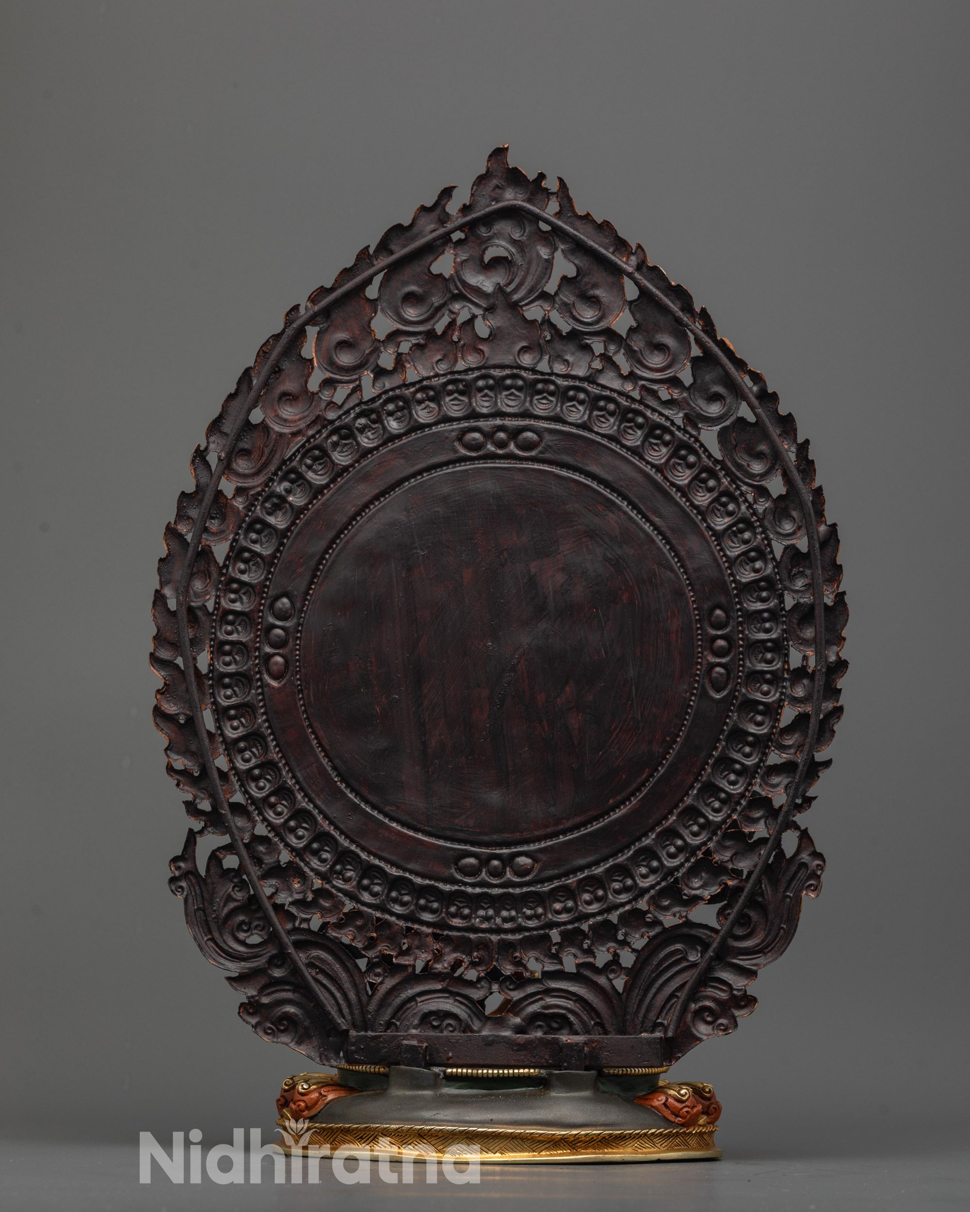 Back view of Kurukulla Statue showing intricate carvings and multi-colored lotus seat