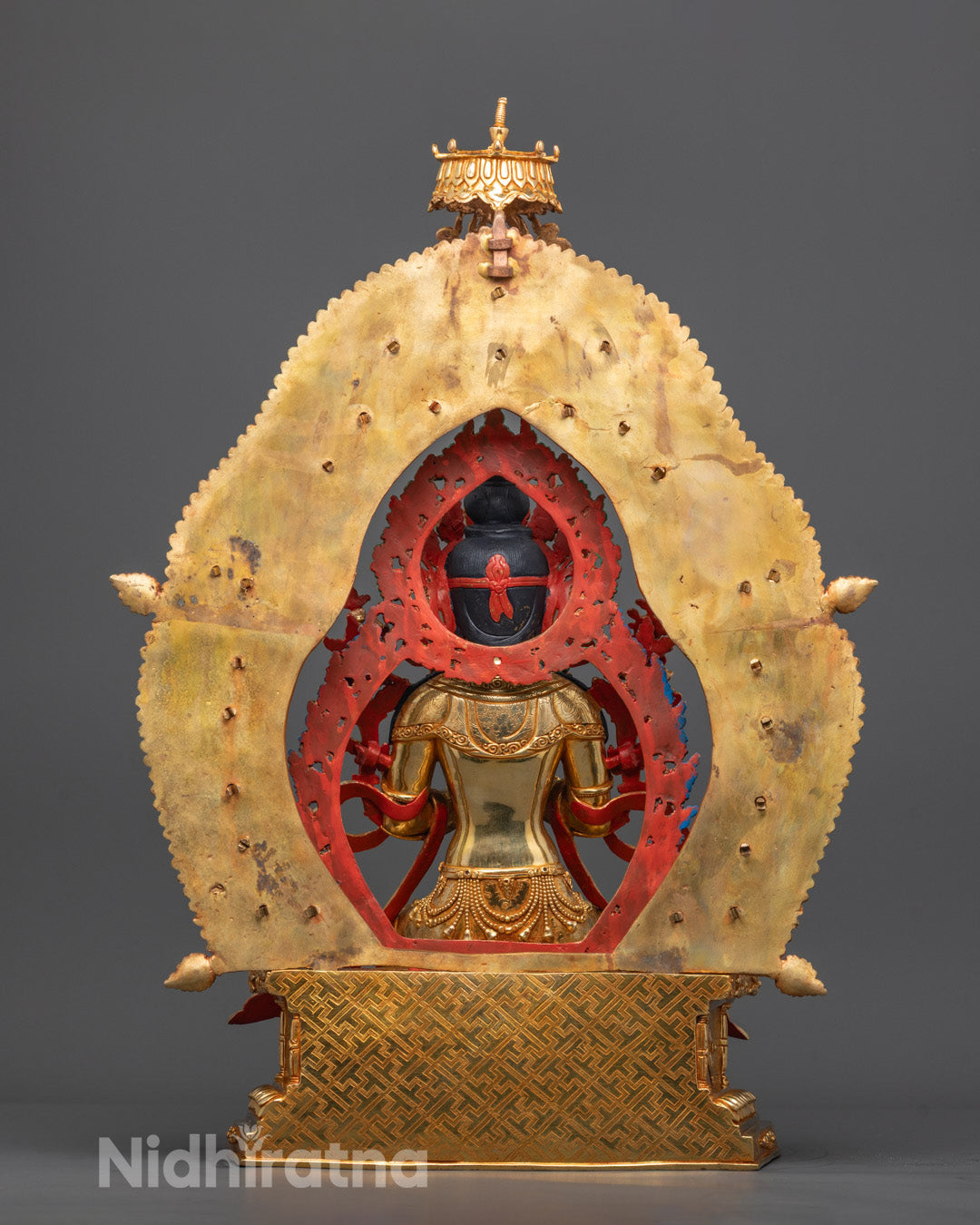 Back view of Maitreya Buddha Statue showing robe details and halo craftsmanship