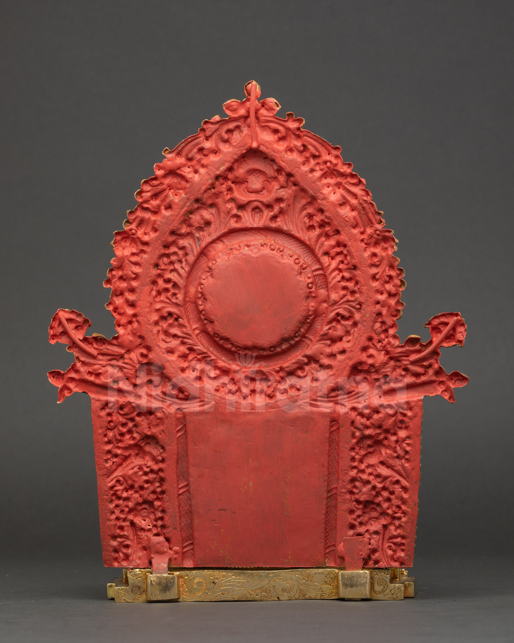 Back view of Manjushree Altar Sculpture showing detailed lotus base, and halo and gold fire-gilded carvings