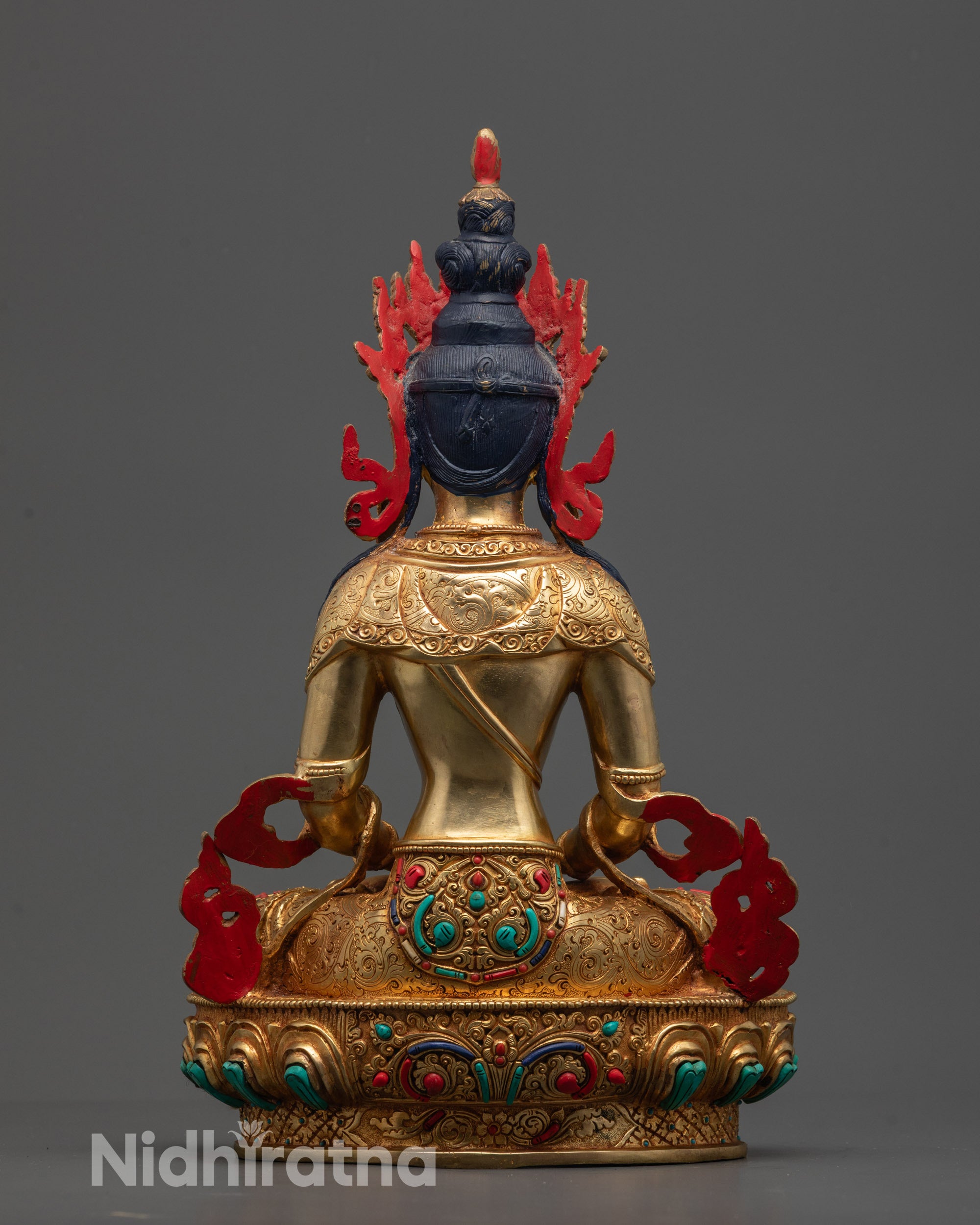 Back view of Nepalese Amitayus Statue showing intricate copper craftsmanship