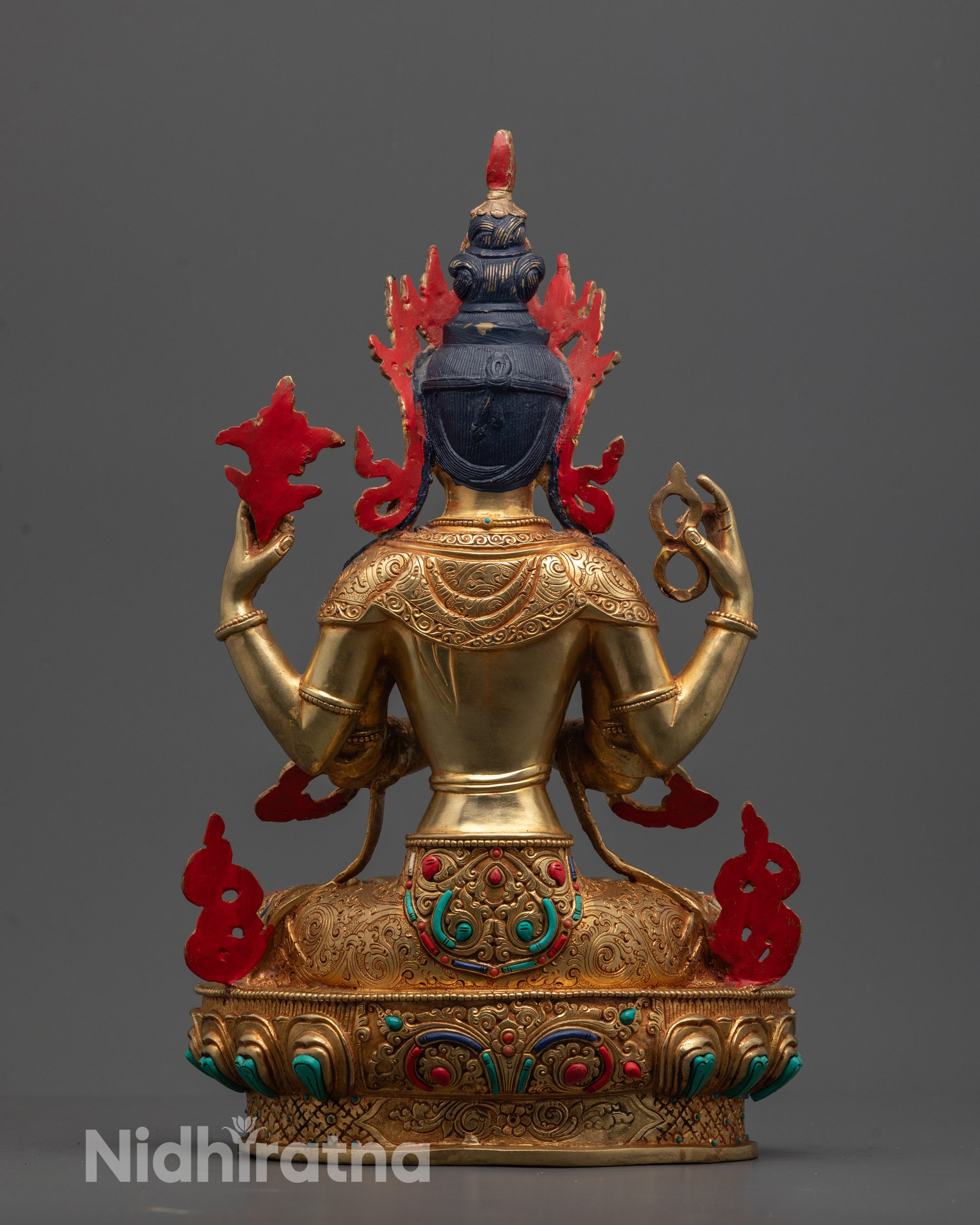 Back view of Nepalese Chenrezig Statue showcasing intricate robes, detailed lotus seat