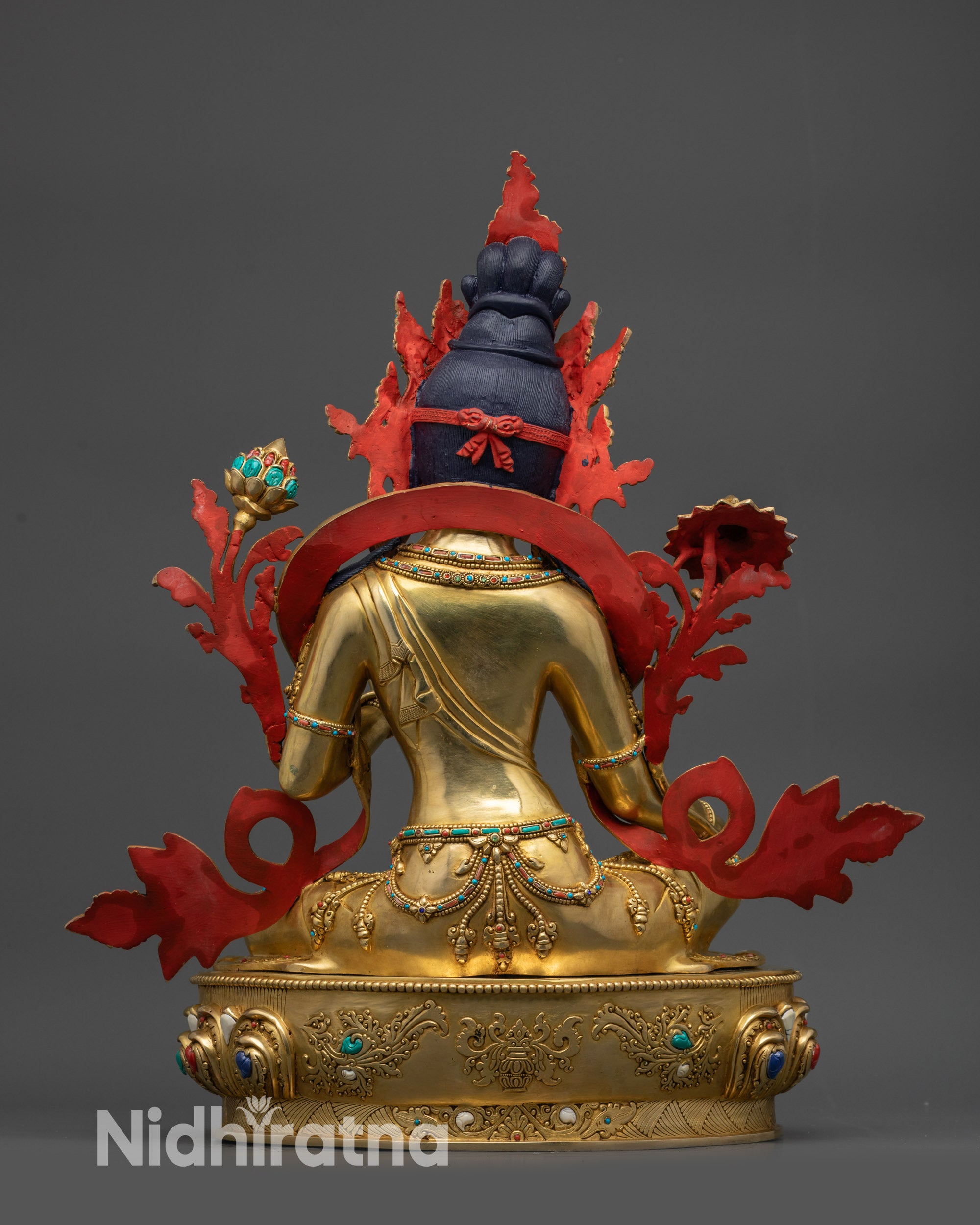 Back view of Premium Green Tara statue with gold-gilded crown and robe details