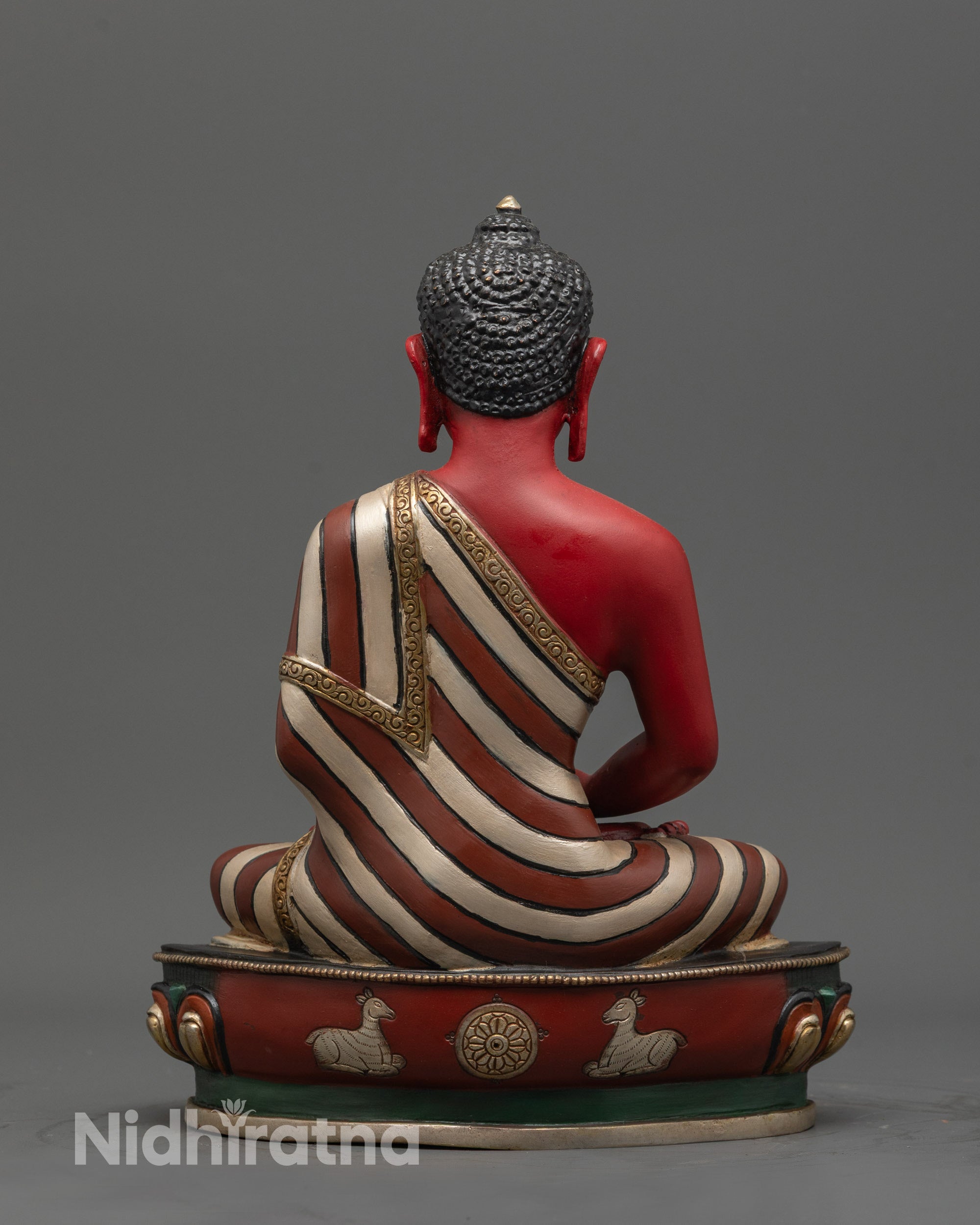 Back view of Red Amitabha Buddha Statue highlighting detailed patterns and vibrant colors