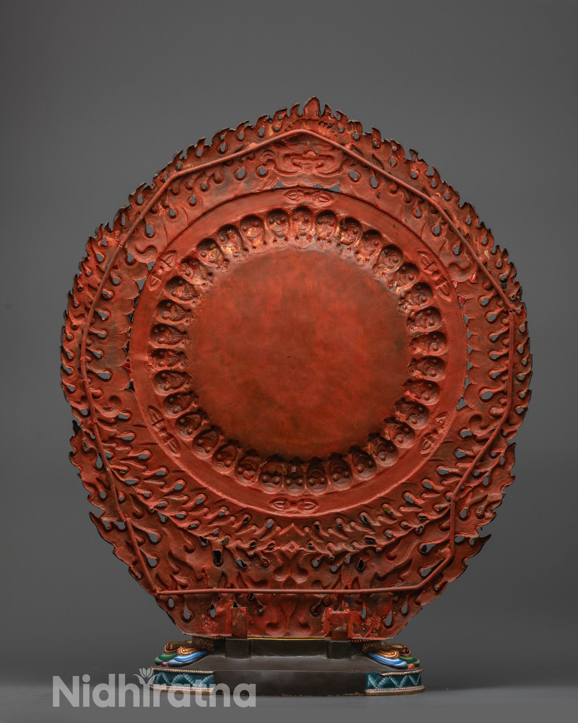 Back view of Red Kurukulla Statue with lotus seat and wisdom fire halo details