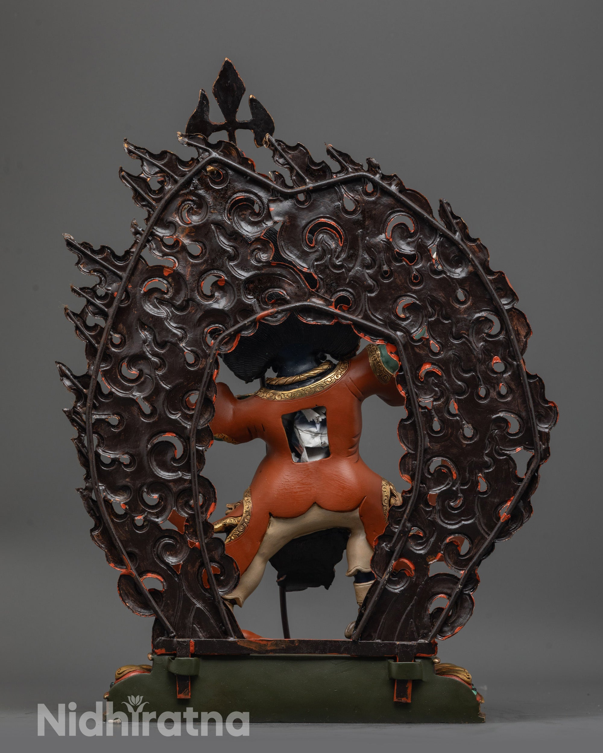 Back view of Sacred Begtsen Chen Buddhist Statue with Sword and Fierce Halo