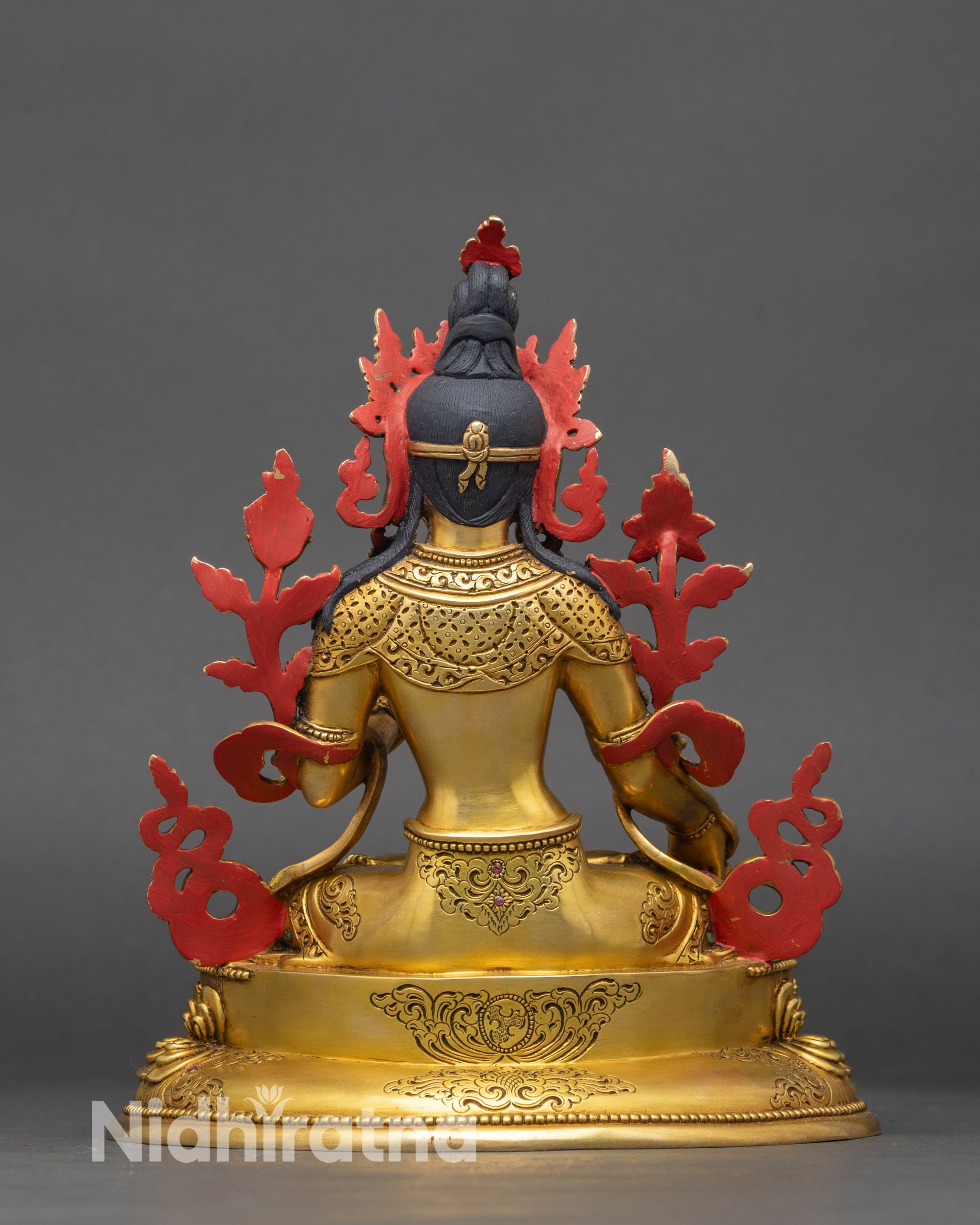Back view of Seven Eyed White Tara Statue, showing double lotus pedestal and intricate Nepalese metalcraft