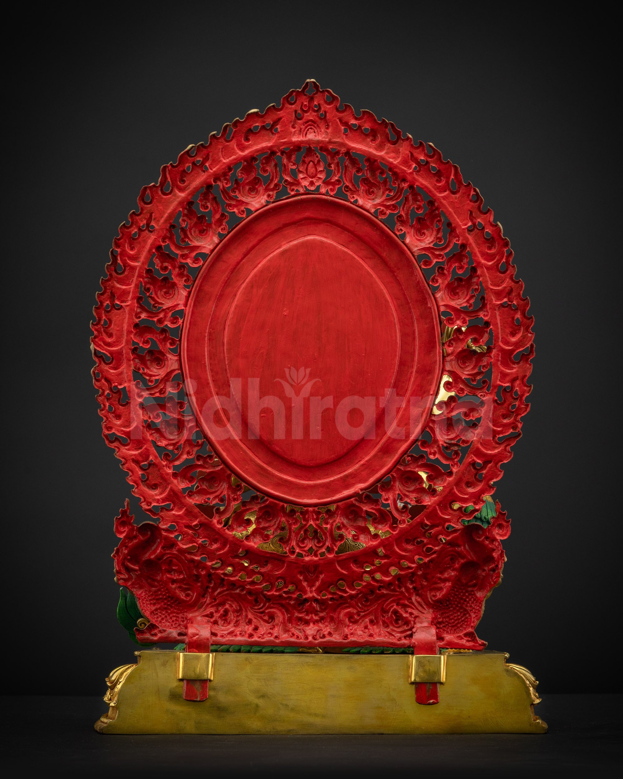 Back view of Simhada Manjushri statue showing intricate halo patterns and copper craftsmanship