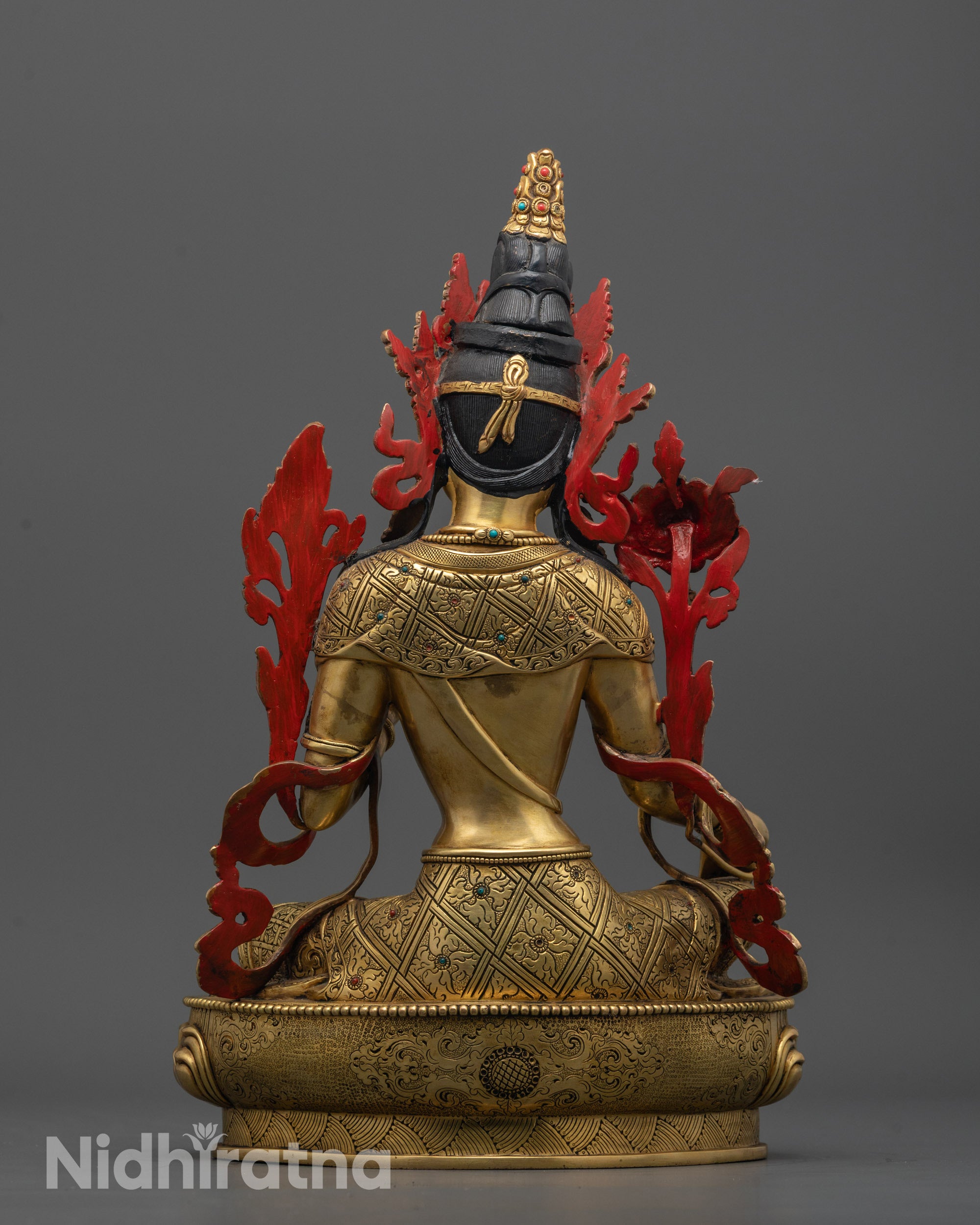 Back view of Tibetan Green Tara Statue handcrafted using lost wax method