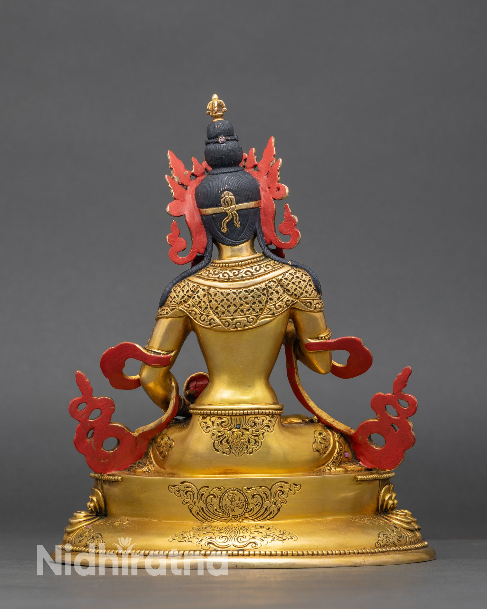 Back view of Vajrasattva Dorje Sempa statue showing lotus pedestal and intricate Nepalese metalcraft