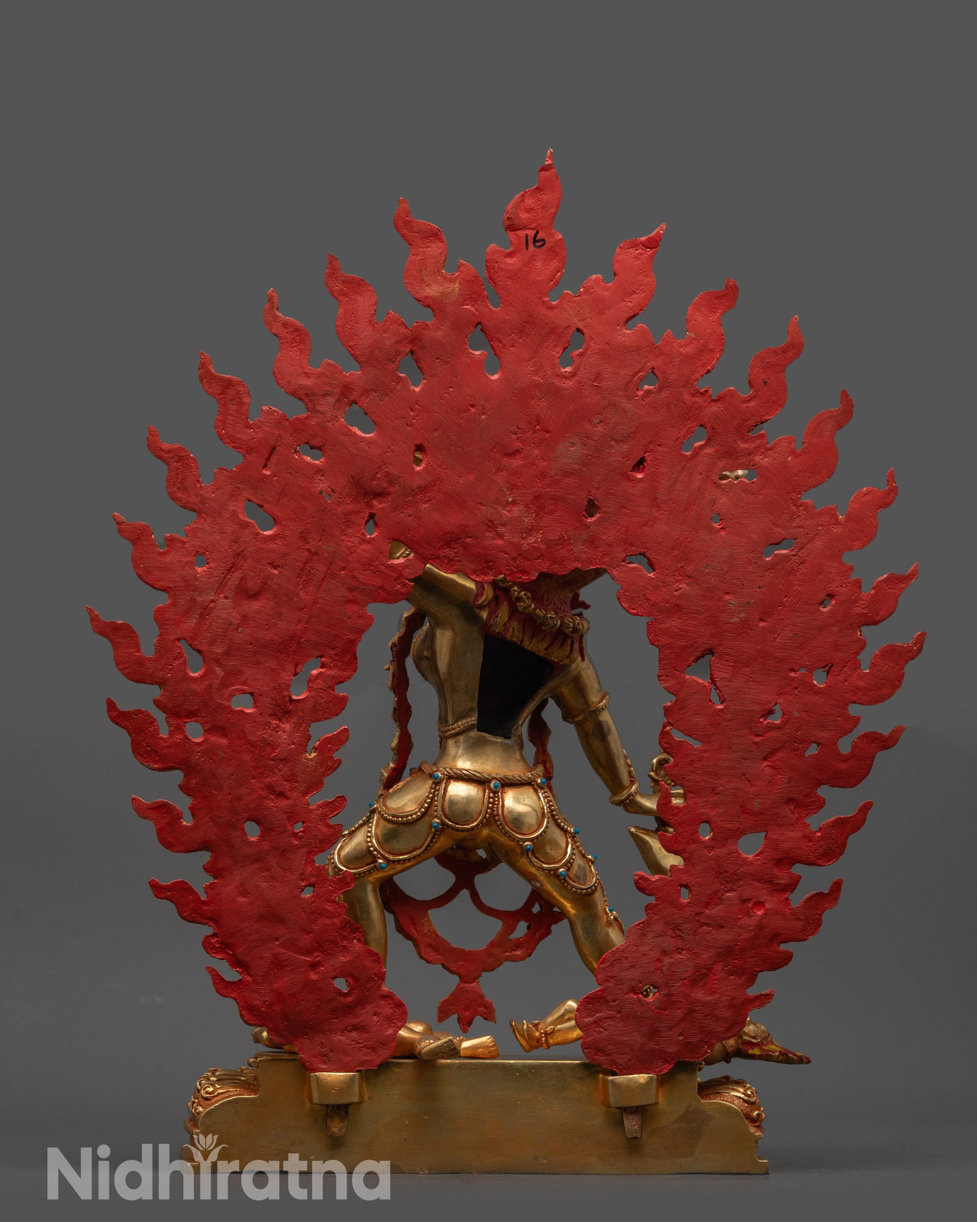 Back view of Vajrayogini Statue with fierce halo and detailed gold-fire-gilded body