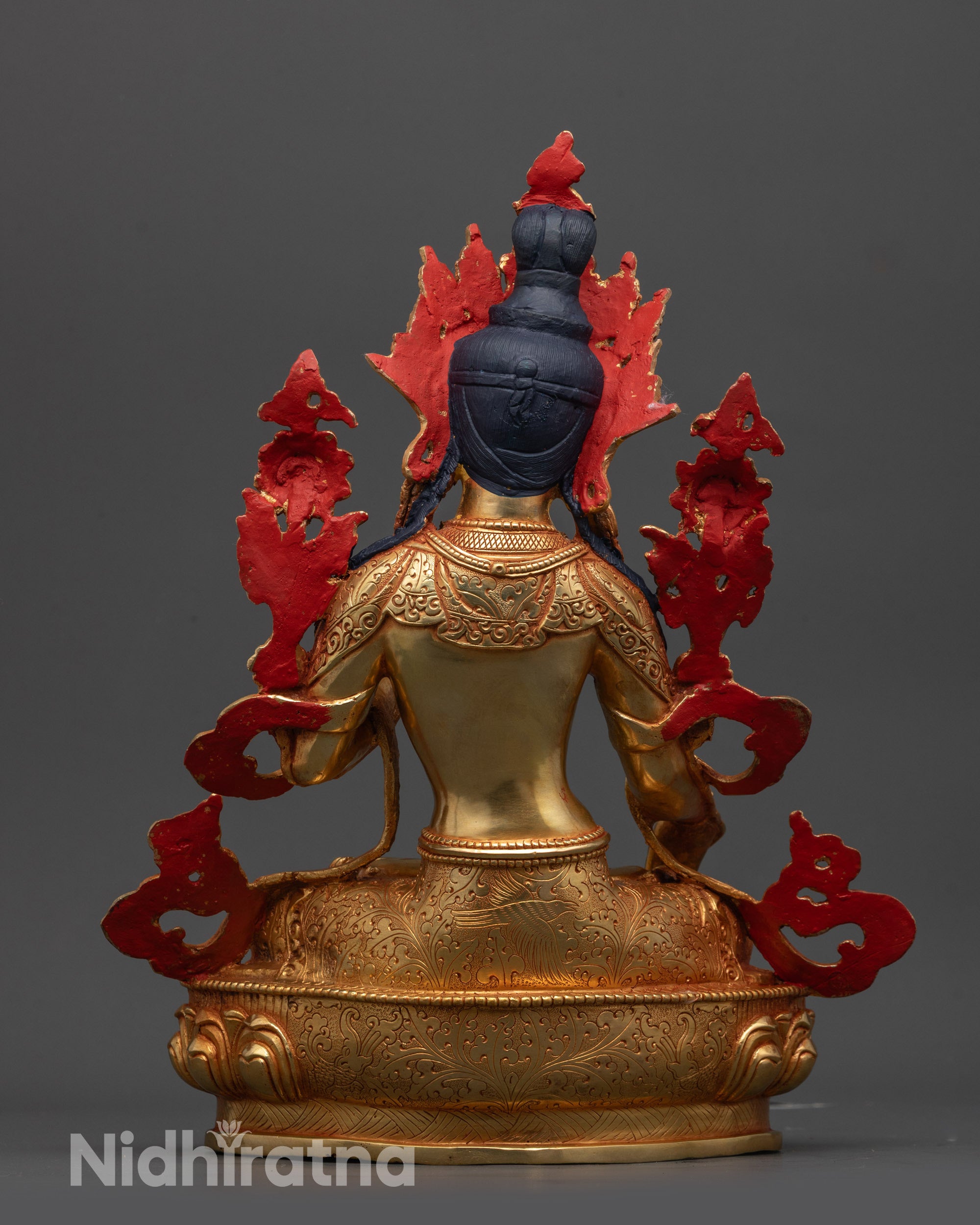 Back view of White Tara Sculpture highlighting gold fire-gilded body and artisan detailing