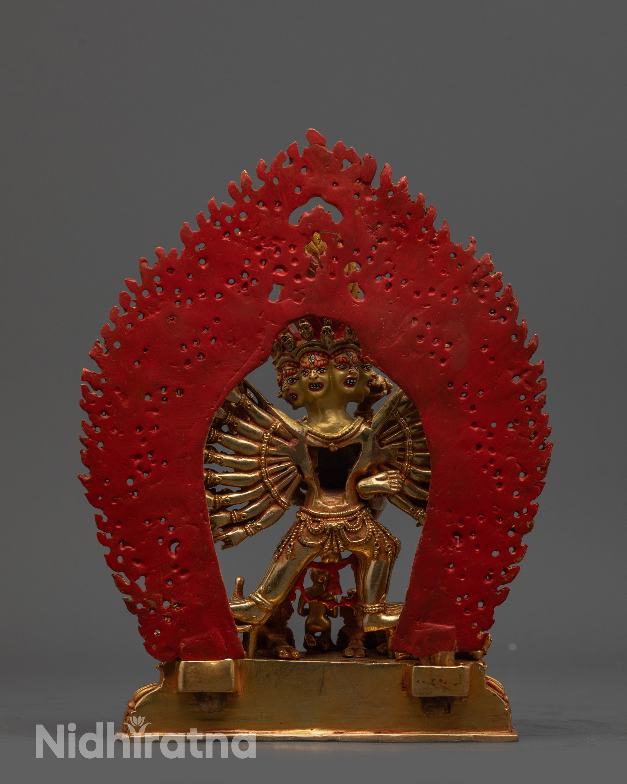 Back view of Yamantaka Yab-Yum statue showing halo and intricate carvings for spiritual practice