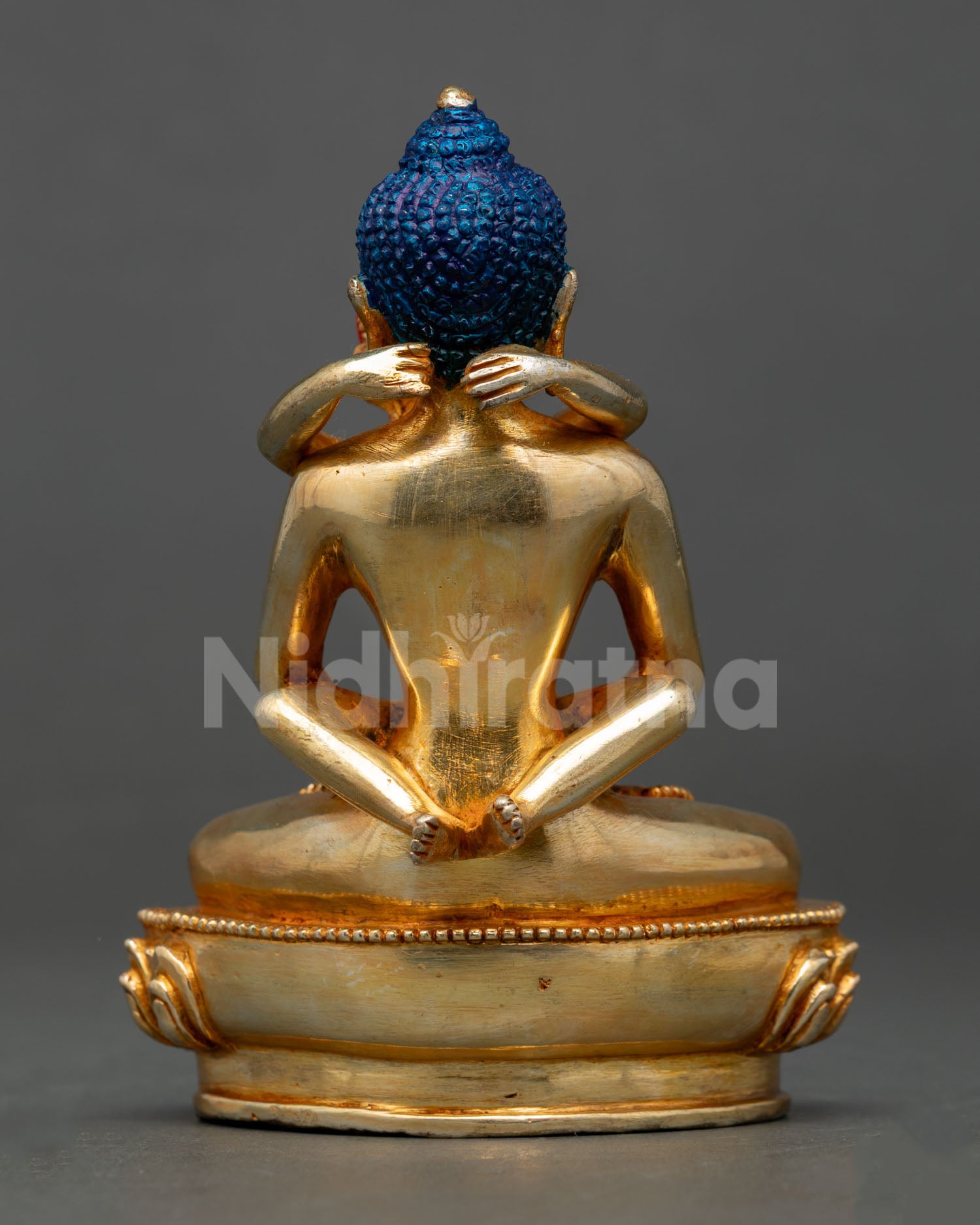Back view of a handmade Samantabhadra Consort Statue showcasing traditional Newari artisan metal craftsmanship from Patan, Nepal