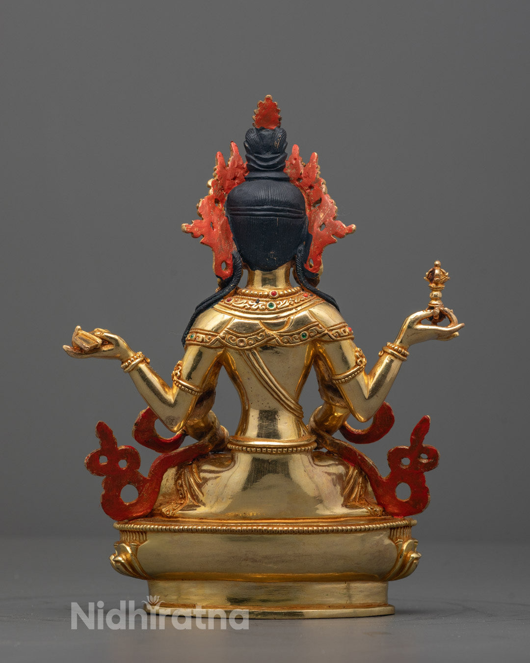 Back view of detailed Praja Paramita statue showcasing fine carvings and craftsmanship