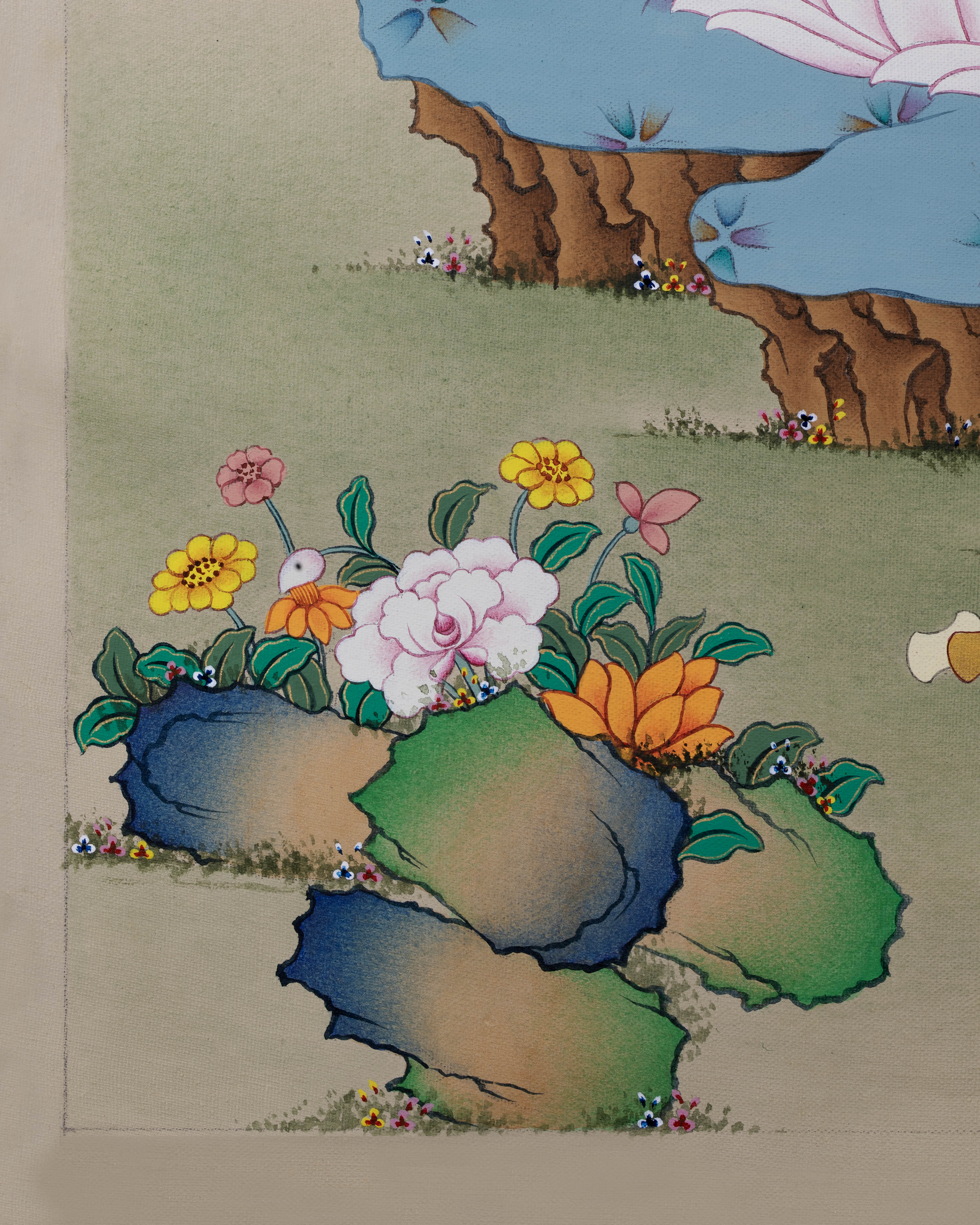 Back view of framed Chenrezig Thangka print perfect for meditation spaces and sacred décor