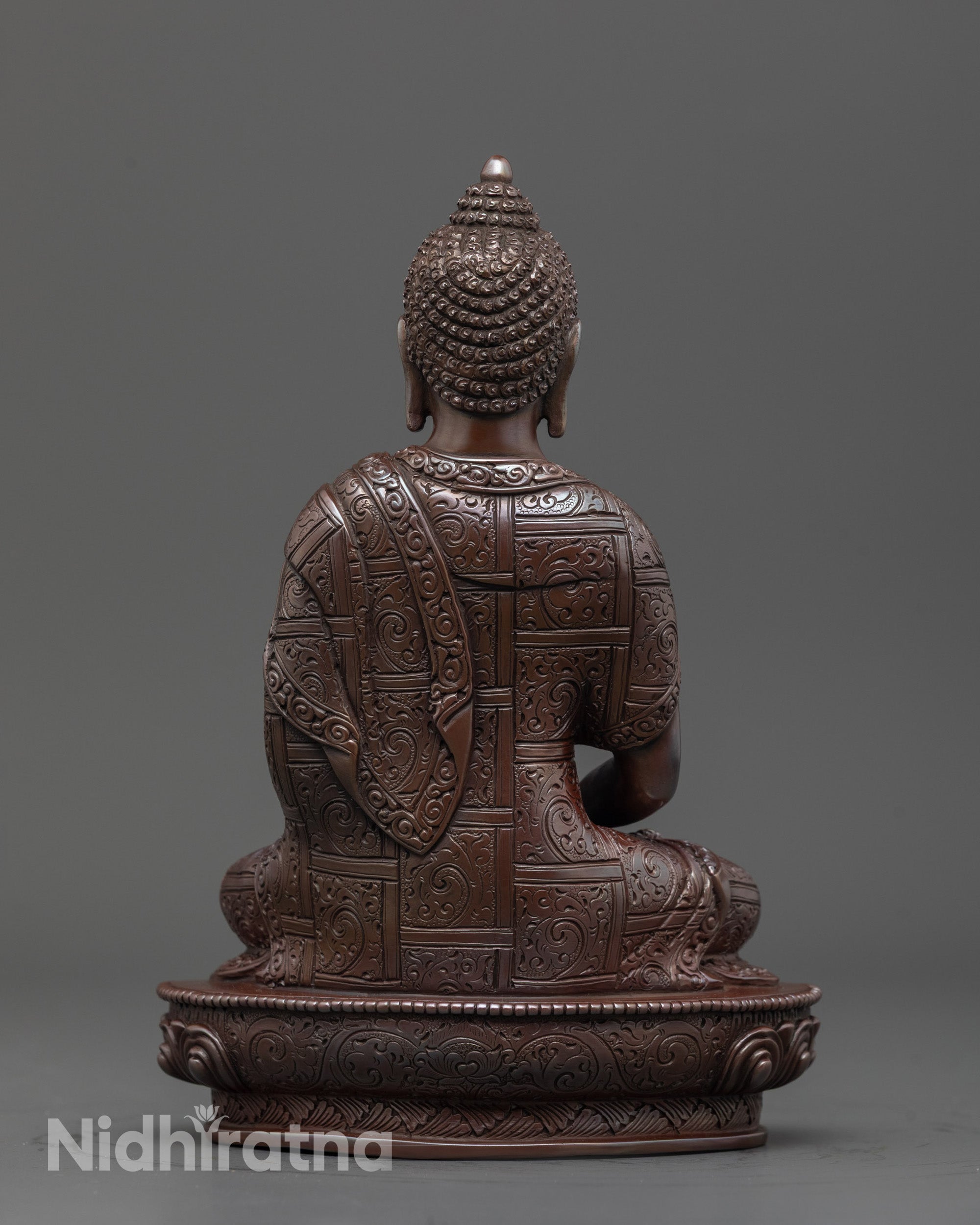 Back view of fully oxidized Amitabha Buddha Statue showing detailed craftsmanship
