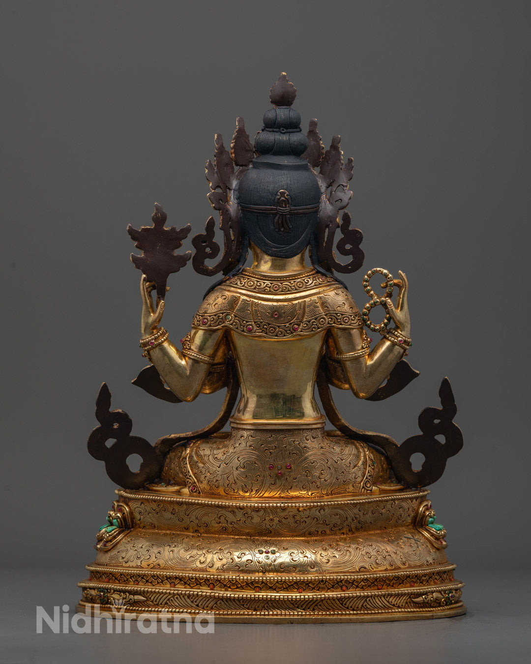 Back view of handcrafted Avalokiteshvara Mantra Sculpture by Nepalese Patan artisan, copper art