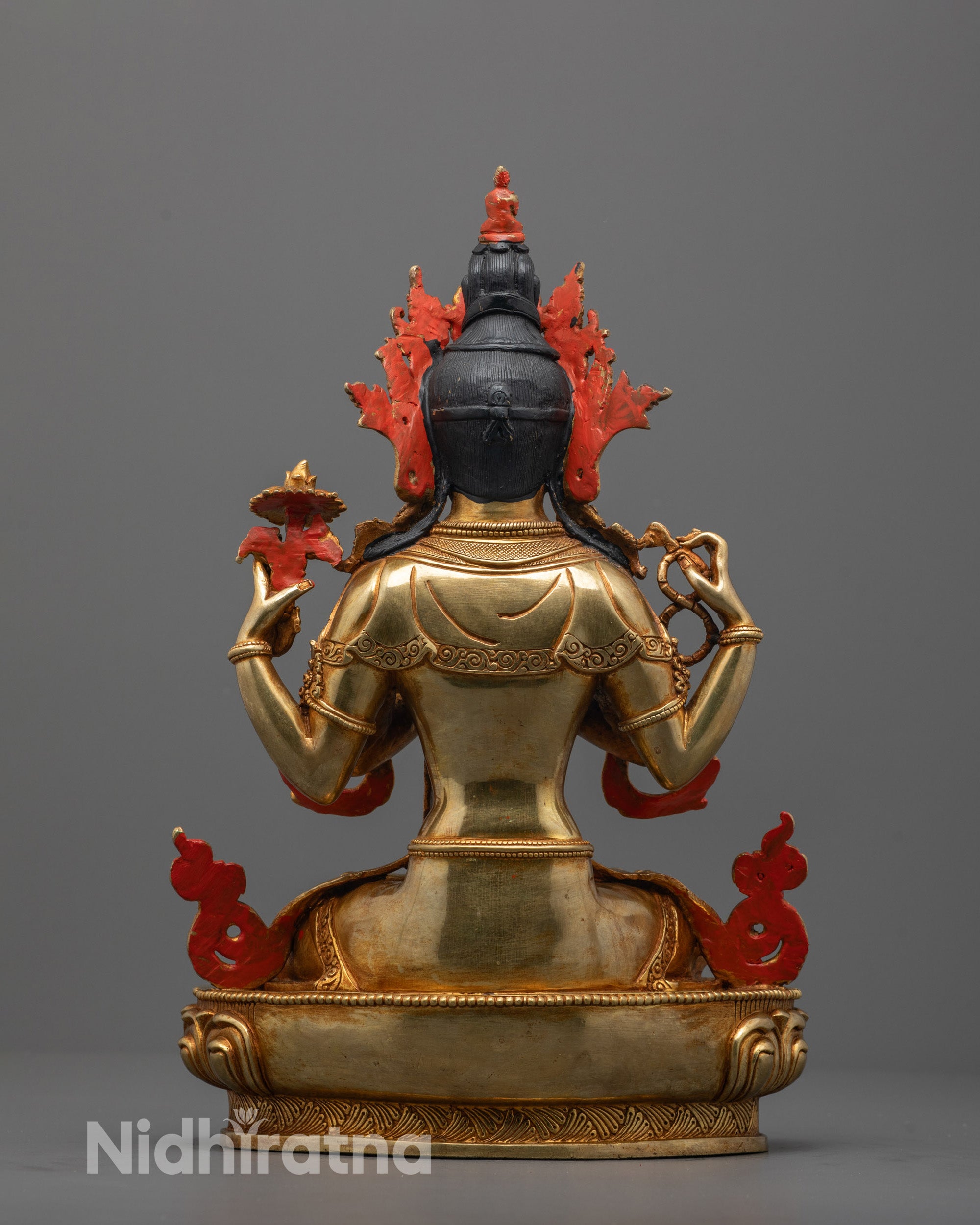 Back view of handcrafted Chenrezig statue highlighting lost wax casting technique details