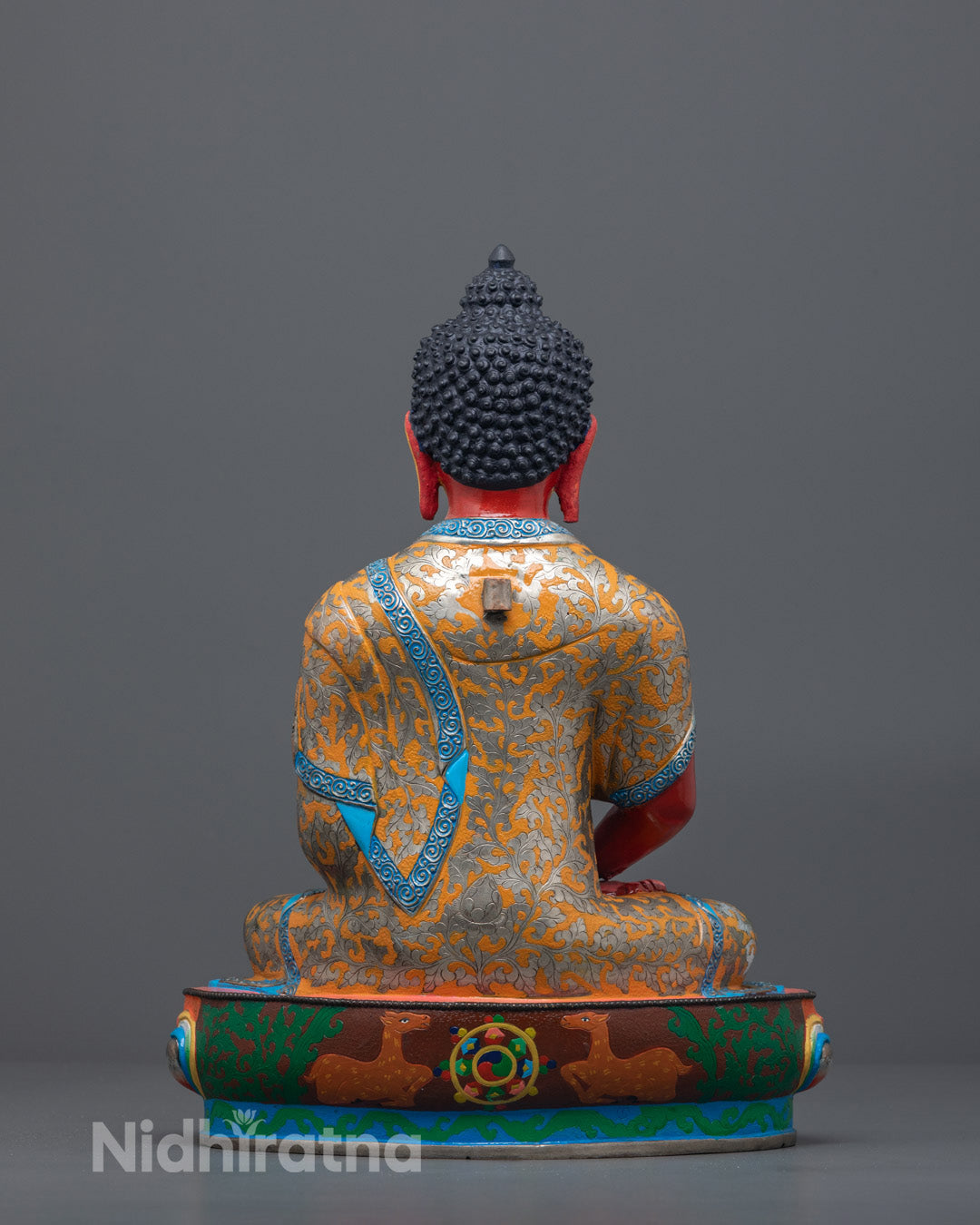 Back view of handcrafted Pure Land Buddha on lotus throne with mantra-filling hollow