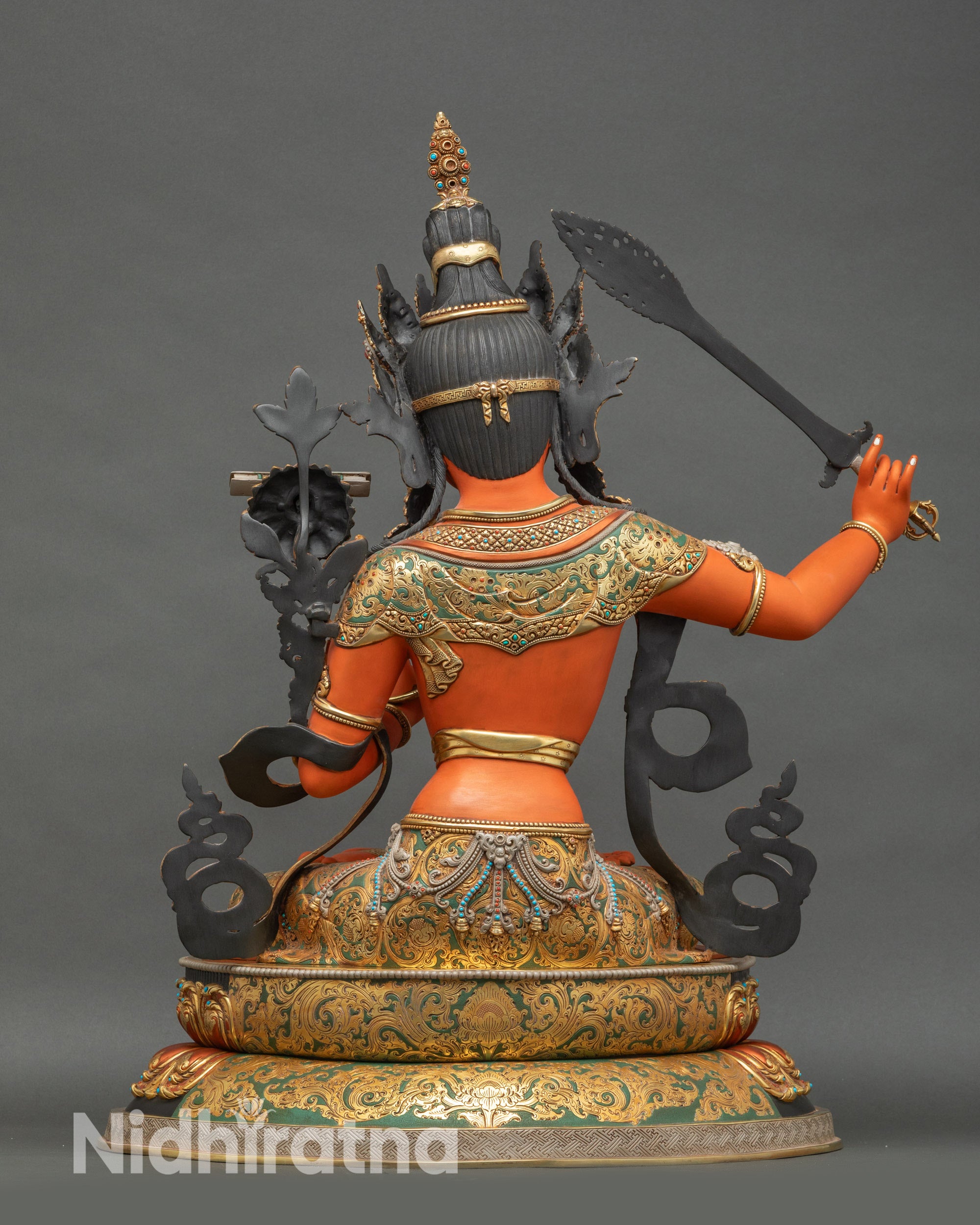 Back view of handpainted Manjushri Statue – Intricate robe detail Tibetan Buddhist Sculpture