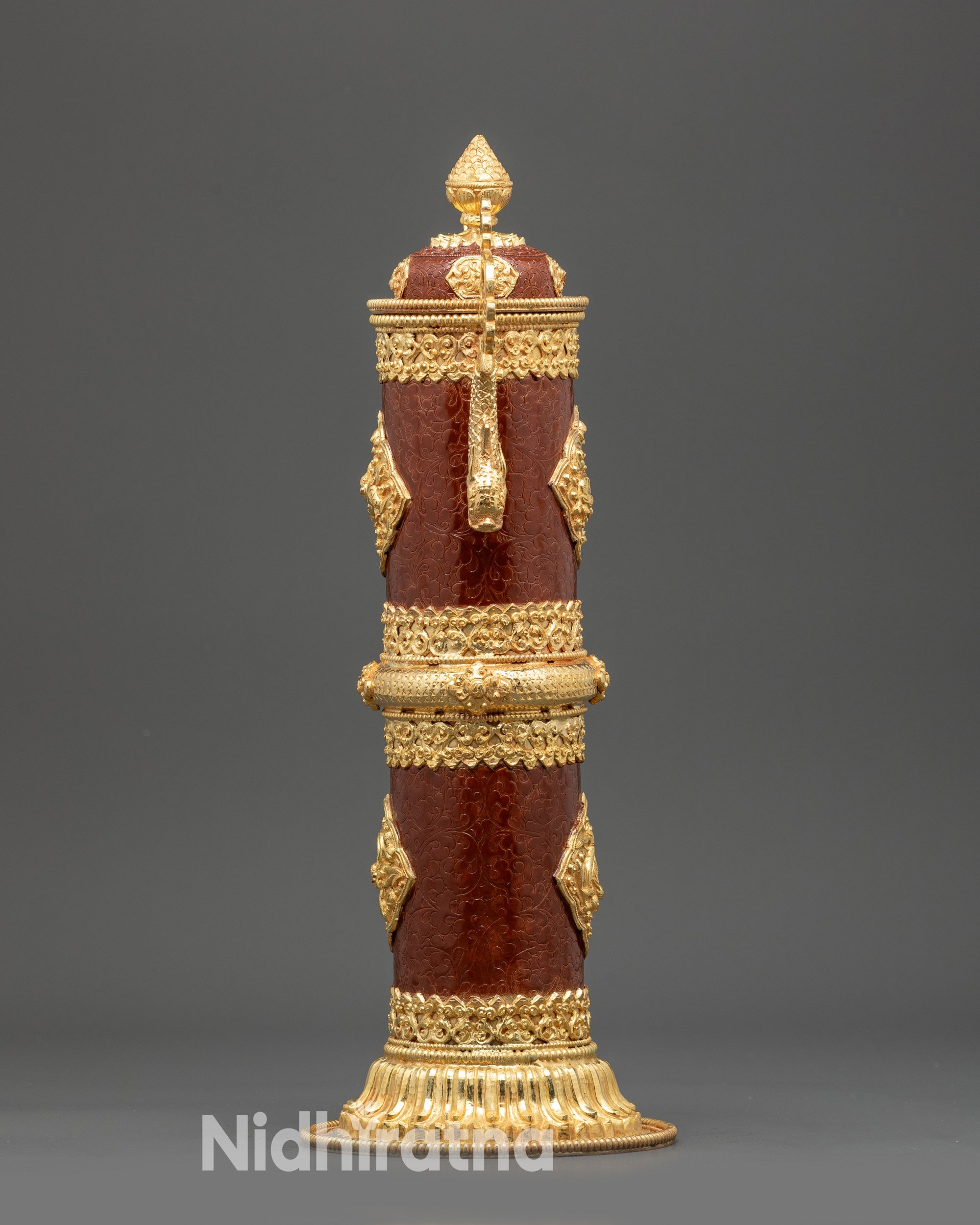 Back view of multi-tiered gold-plated copper incense burner for meditation