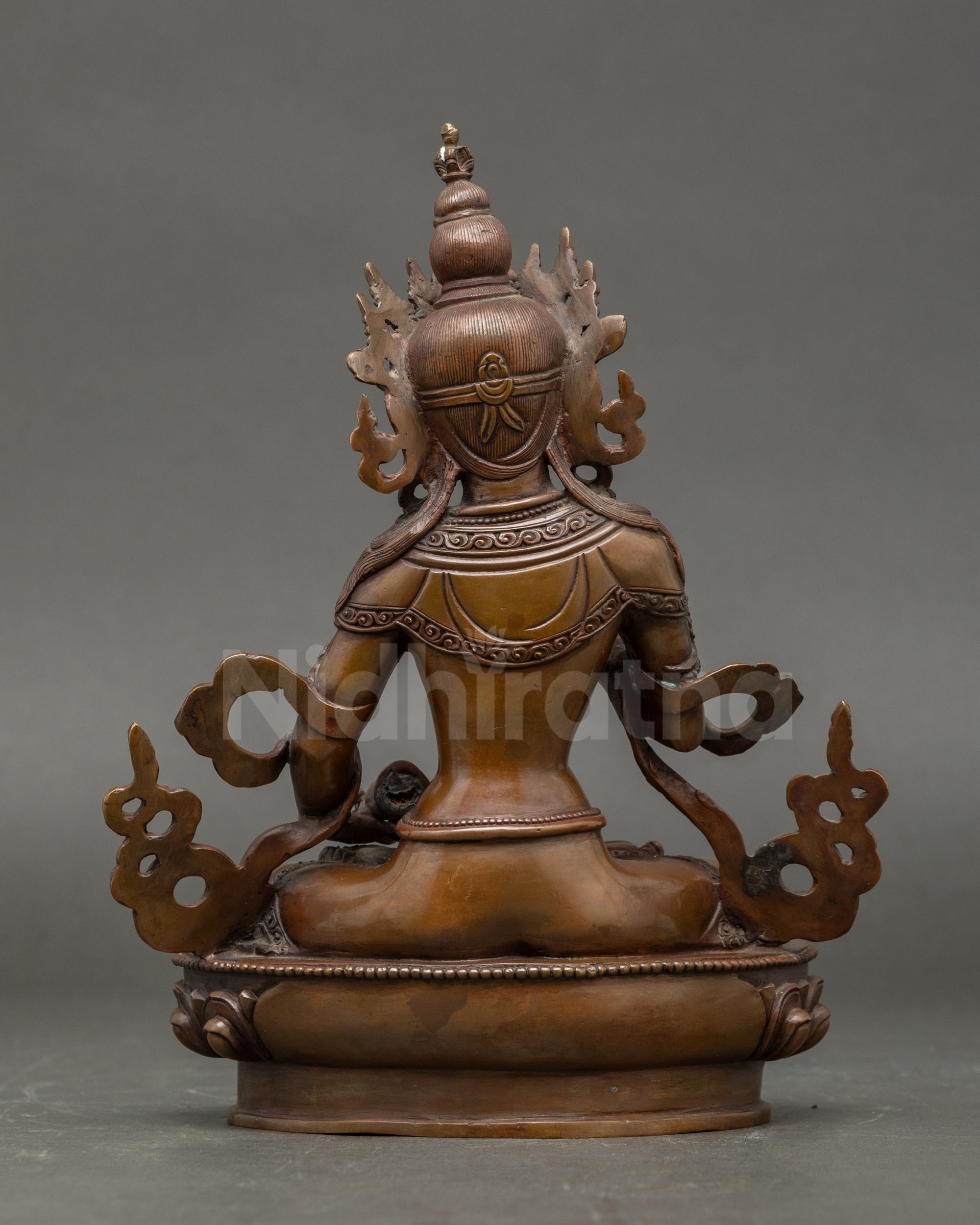 Back view of oxidized Vajrasattva statue highlighting intricate Nepalese craftsmanship