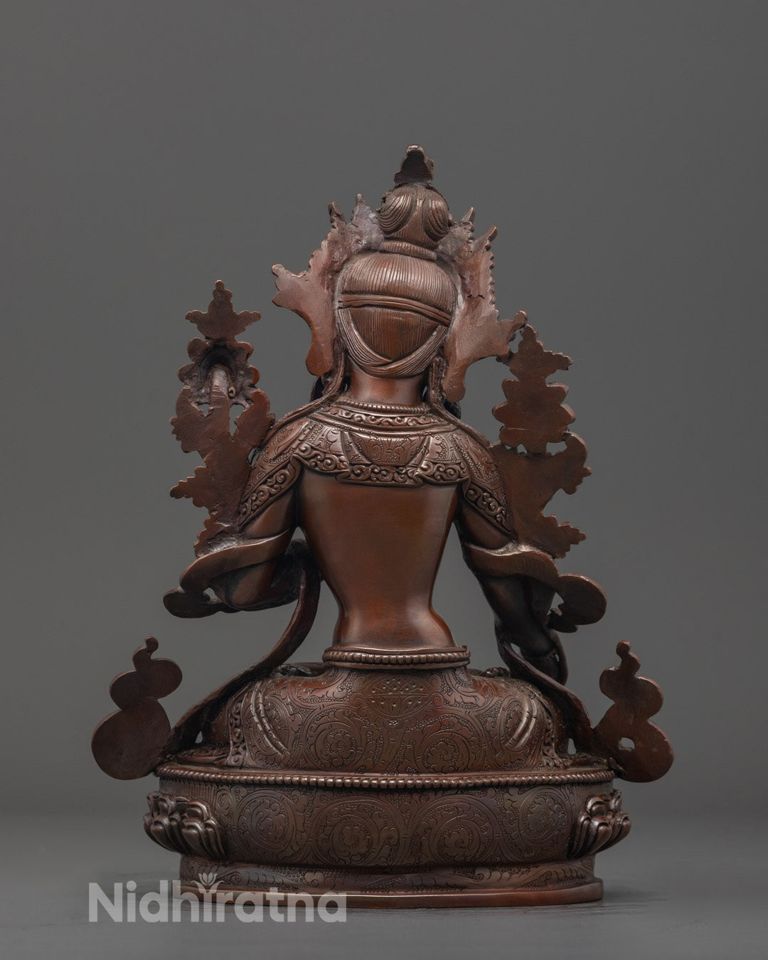Back view of oxidized copper White Tara Long Life Deity statue handcrafted by Patan artisan